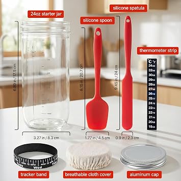 Sourdough Starter Kit- 24oz/730ml Large Capacity Sourdough Starter Jar with Thermometer and Date Marked Feeding Band, Sourdough Bread Baking Supplies for Making Delicious Sourdough Breads
