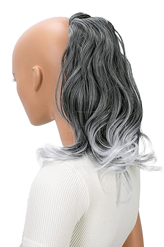 PRETTYSHOP 16" Hairpiece Clip On Ponytail Extension Slight Wavy With Velcro Black Gray Mix HCK208