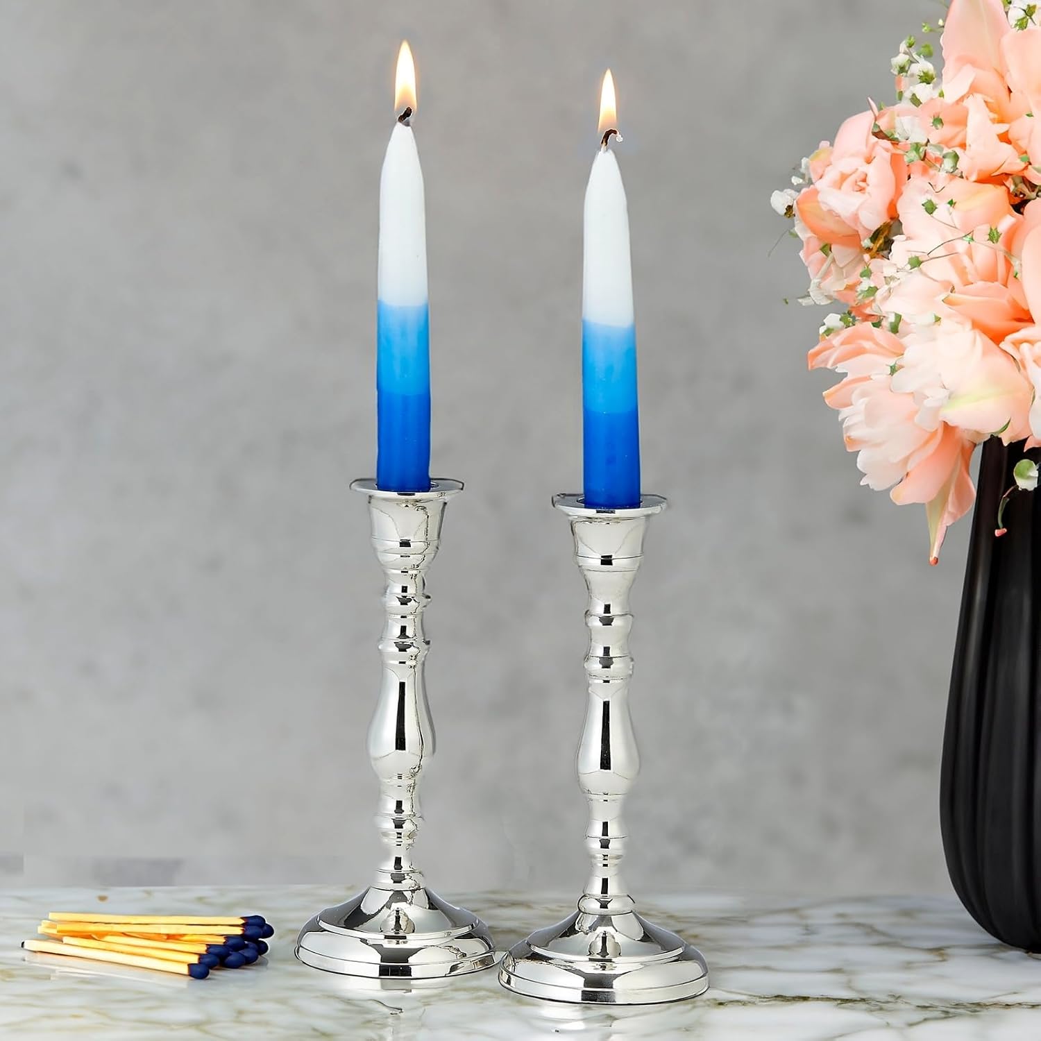 Shabbat Candlestick Holder Set of 2 Nickel Plated Aluminum | Elegant Judaica Shabbos Gifts Hostess Centerpiece Traditional Candle Holders 7" H (Classic Contour Design)