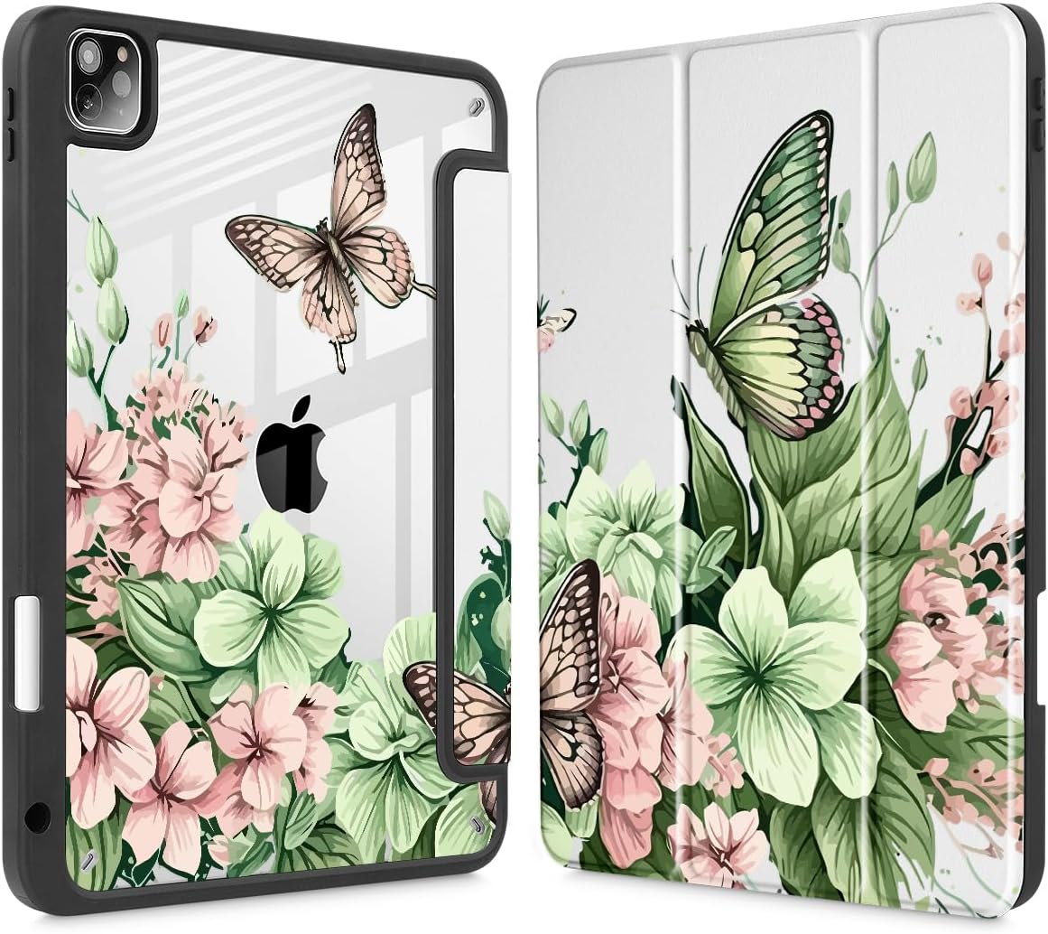 SUROCASE for iPad Pro 12.9 M2 Case 2022/2021/2020/2018 with Pencil Holder,Stand Smart Case with Auto Wake/Sleep for iPad Pro 12.9" 5th/6th GenClear Back & TPU Cover, Butterfly