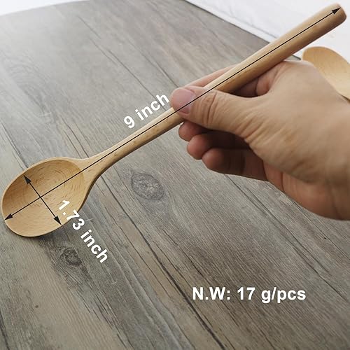 Miniatura 5 de Cucharas de madera, 6 cucharas de sopa de madera de 9 pulgadas para comer, mezclar, revolver, cuchara de mango largo con utensilio de cocina de