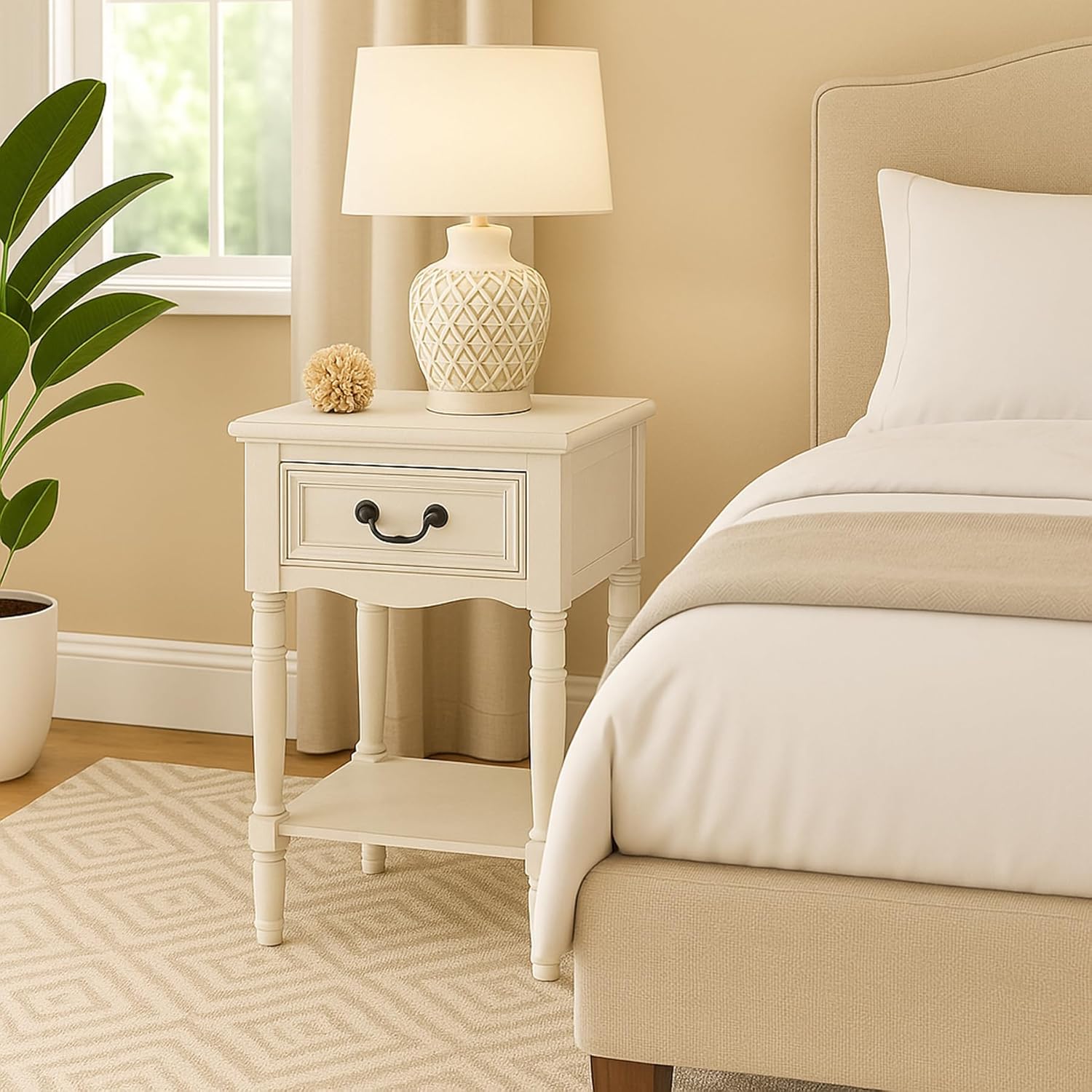 Wooden Accent Table/Nightstand with Drawer and Bottom Shelf – 29" H, 16" L x 16" W - White Washed