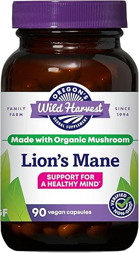 Oregon's Wild Harvest Lion's Mane Suplemento de hierbas orgánicas, cápsulas veganas, 90 unidades