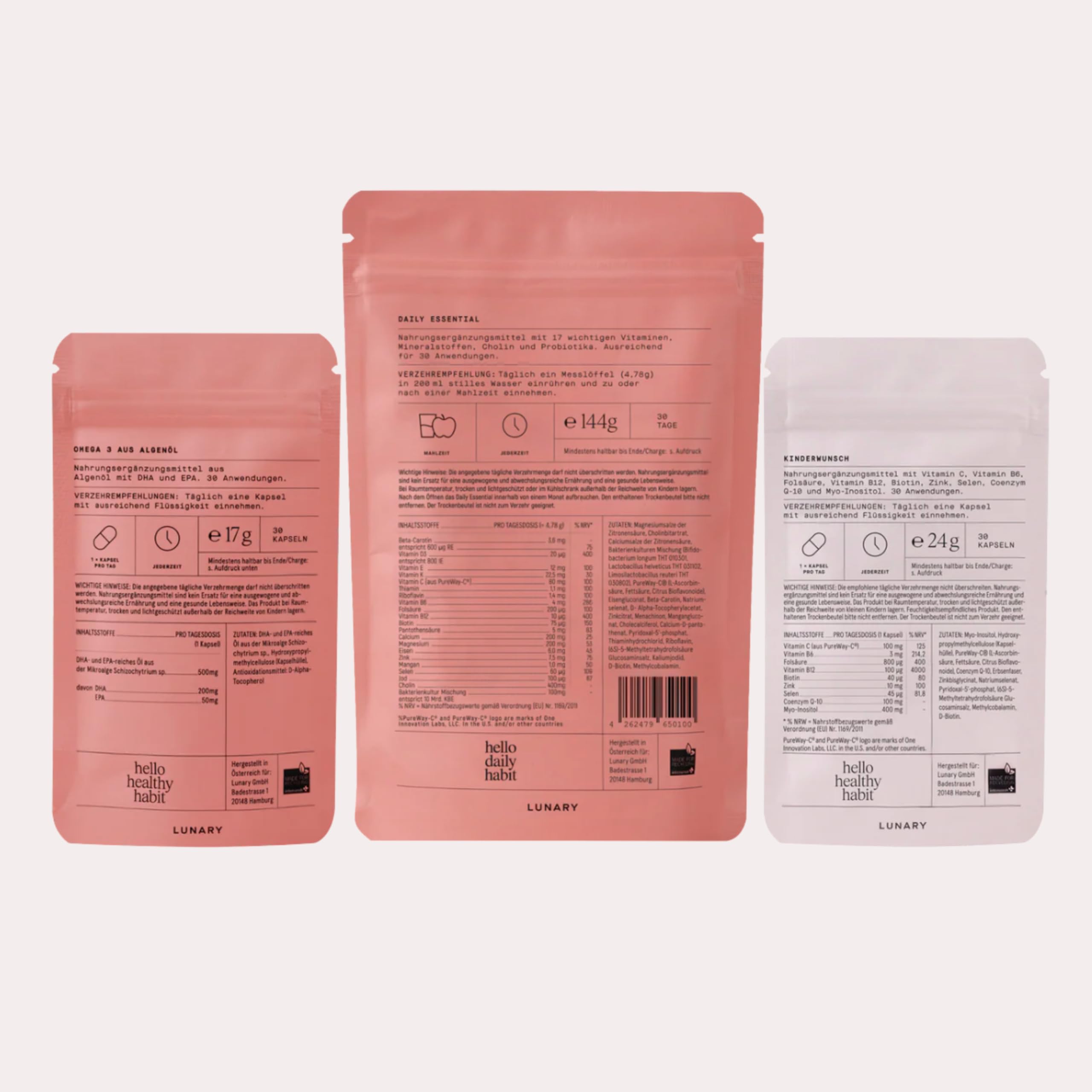 LUNARY Kinderwunsch Set Nahrungsergänzung | Omega 3 & Vitamin D Supplements | Kinderwunsch Set mit Folsäure, Omega-3 & Myo Inositol | Zur Vorbereitung auf Schwanger werden | Folsäure Schwangerschaft