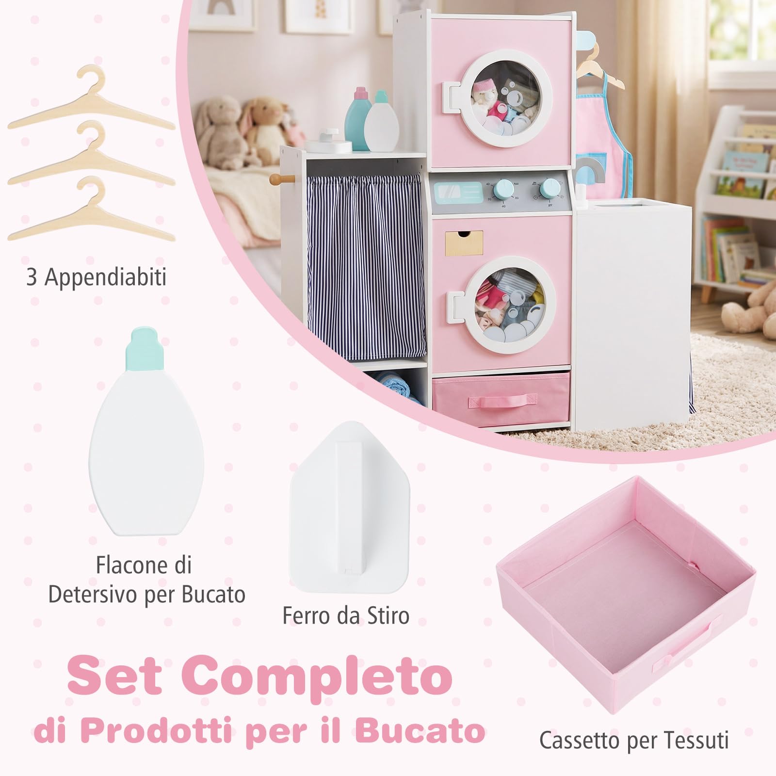 COSTWAY Lavatrice Giocattolo per Bambini, Set Gioco Lavanderia in Legno con Lavatrice, Asciugatrice, Rubinetto e Accessori, Simulazione Elettrodomestici, Giocattolo Educativo 3+ Anni, 89 x 30 x 88 cm