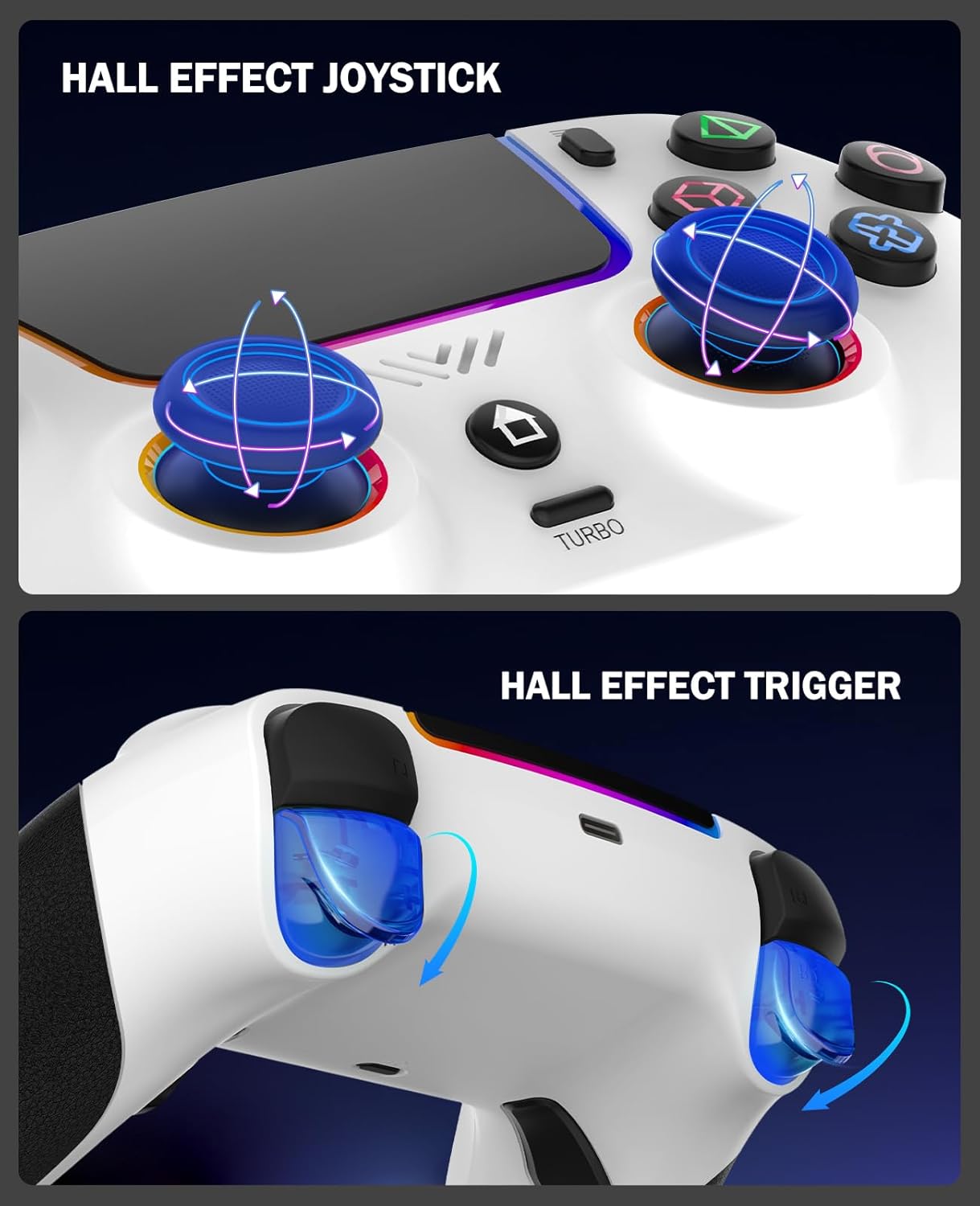 SFGSUP Wireless Controller for PS5/PC/MAC/iOS/Android/Steam Deck, With Hall Effect Joystick&Trigger/8 RGB Lighting/Turbo/Dual Vibration/Programmable/Headset Jack/Touchpad/1500 mAh Battery, White&Black - Image 3