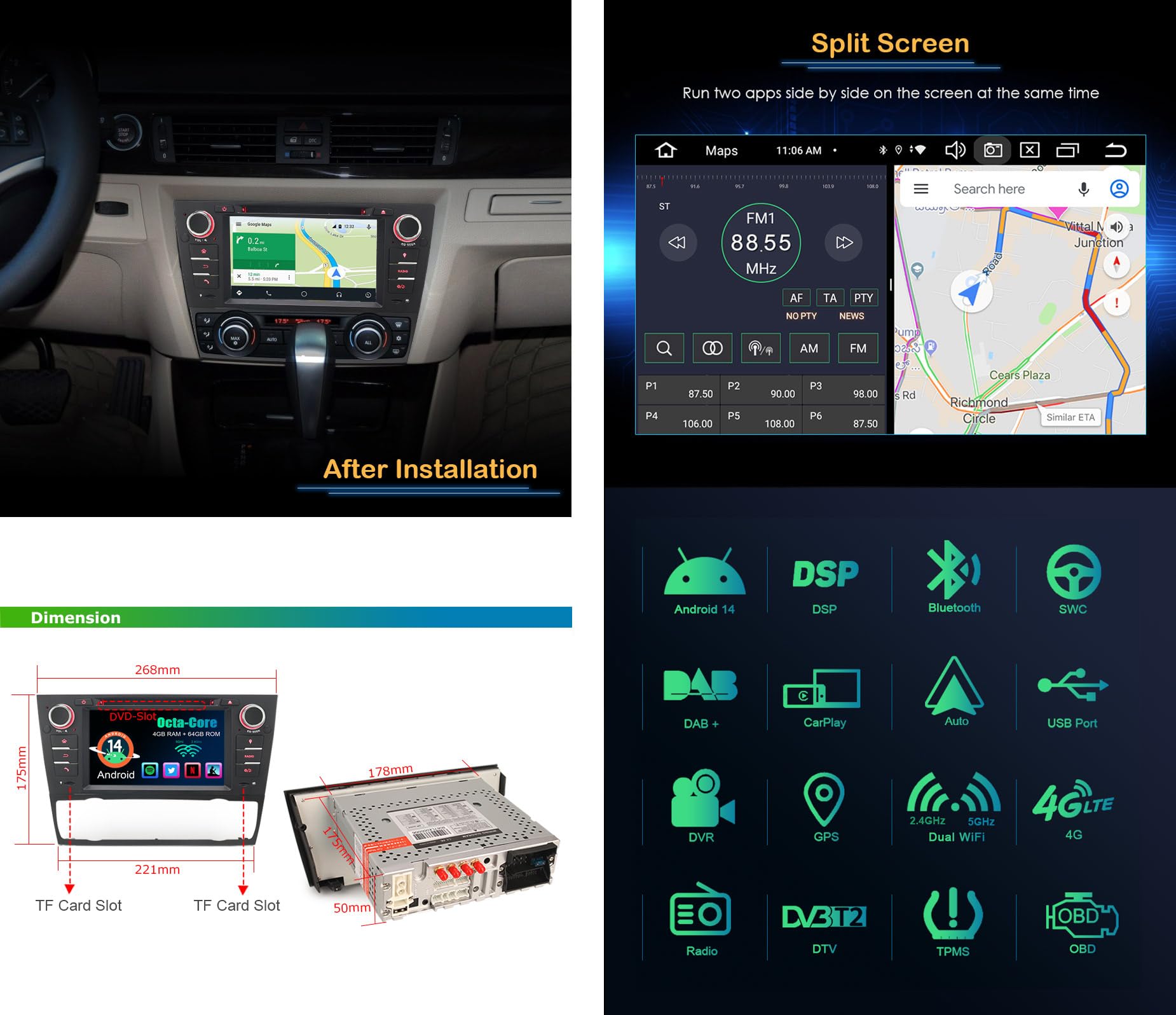 8 Core 7 pollici Android 14 Autoradio per BMW Serie 3 E90 E91 E92 E93 Multimedia GPS Navigatore Carplay Android Auto Bluetooth A2DP Wifi 4G DAB+ RDS Mirror Link TPMS 4GB RAM + 64GB ROM