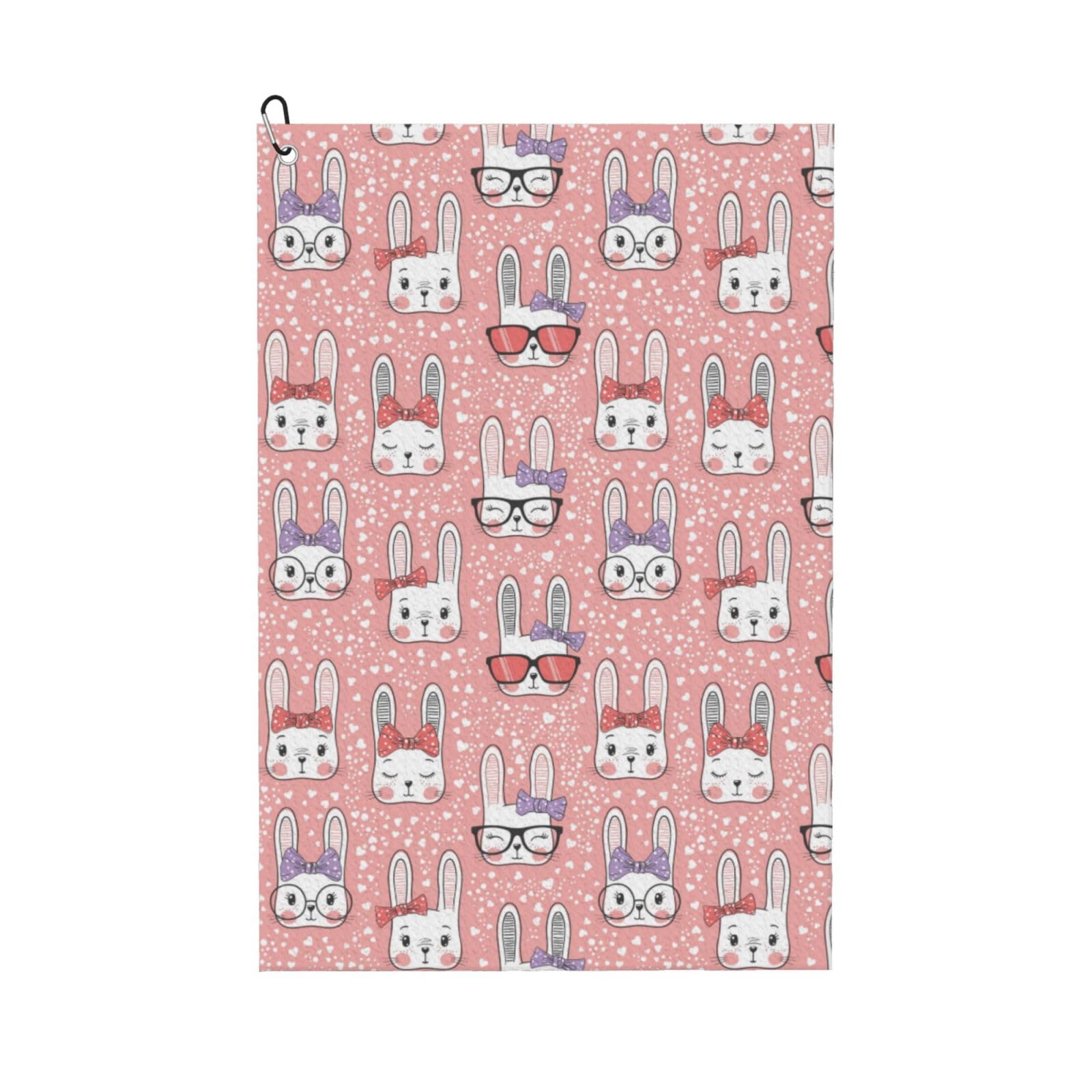 AOOEDM Girl Rabbit Print Golf Towel with Carabiner Clip Absorbent Microfiber Golf Towel for Cleaning Golf Ball Club Putter Iron for Golf Bag Trolly Belt Loop 16" X 24"