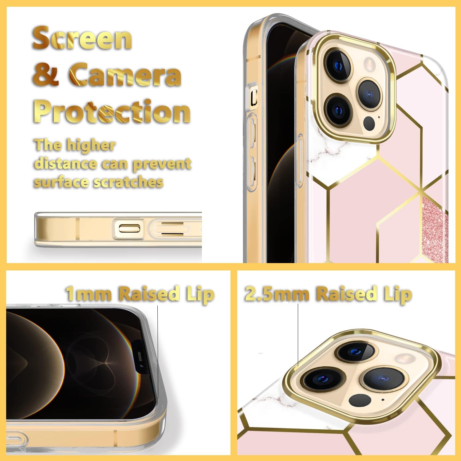 LANYOS Compatible with iPhone 13 Pro Max (6.7 inch) Case, Ultra-Thin Gold Sparkle Glitter Marble Pattern Soft & Flexible Silicone Shockproof TPU Bumper Protective Cover (Hexagon Pink)