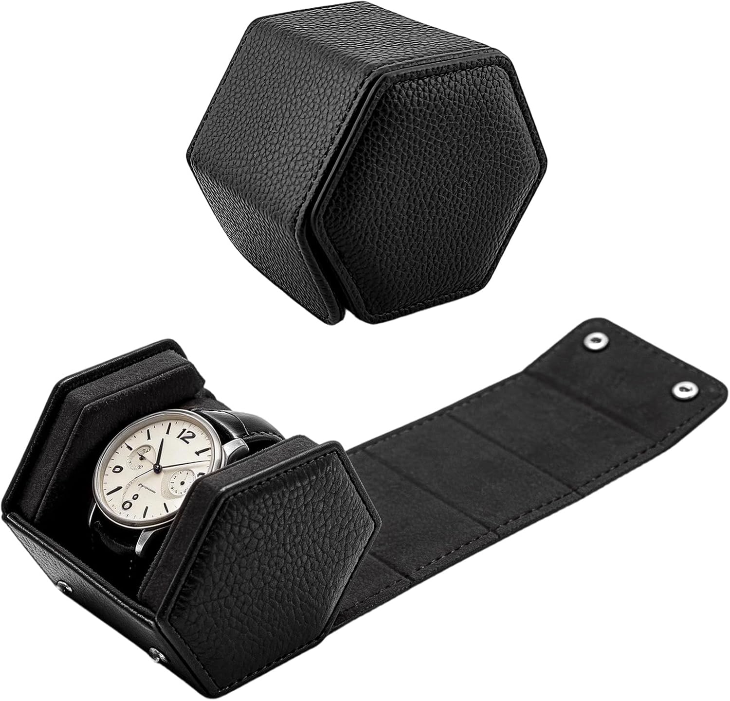 Hexagon Watch Box, Genuine Leather & Portable Storage,1-Slot, Black | 3.15 * 3.74 * 3.54inch,Deal gift for birthdays, Father's Day, Christmas and New Years