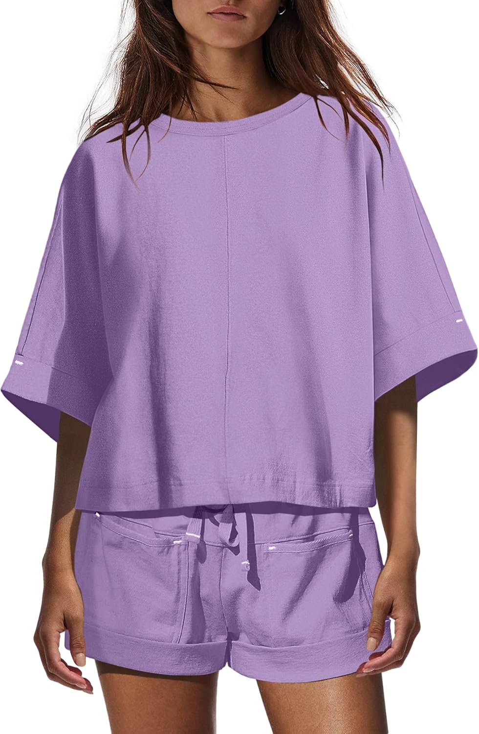 ReachMe Womens 2 Piece Lounge Short Set Oversized Half Sleeve Tops and Summer High Waisted Shorts with Pockets