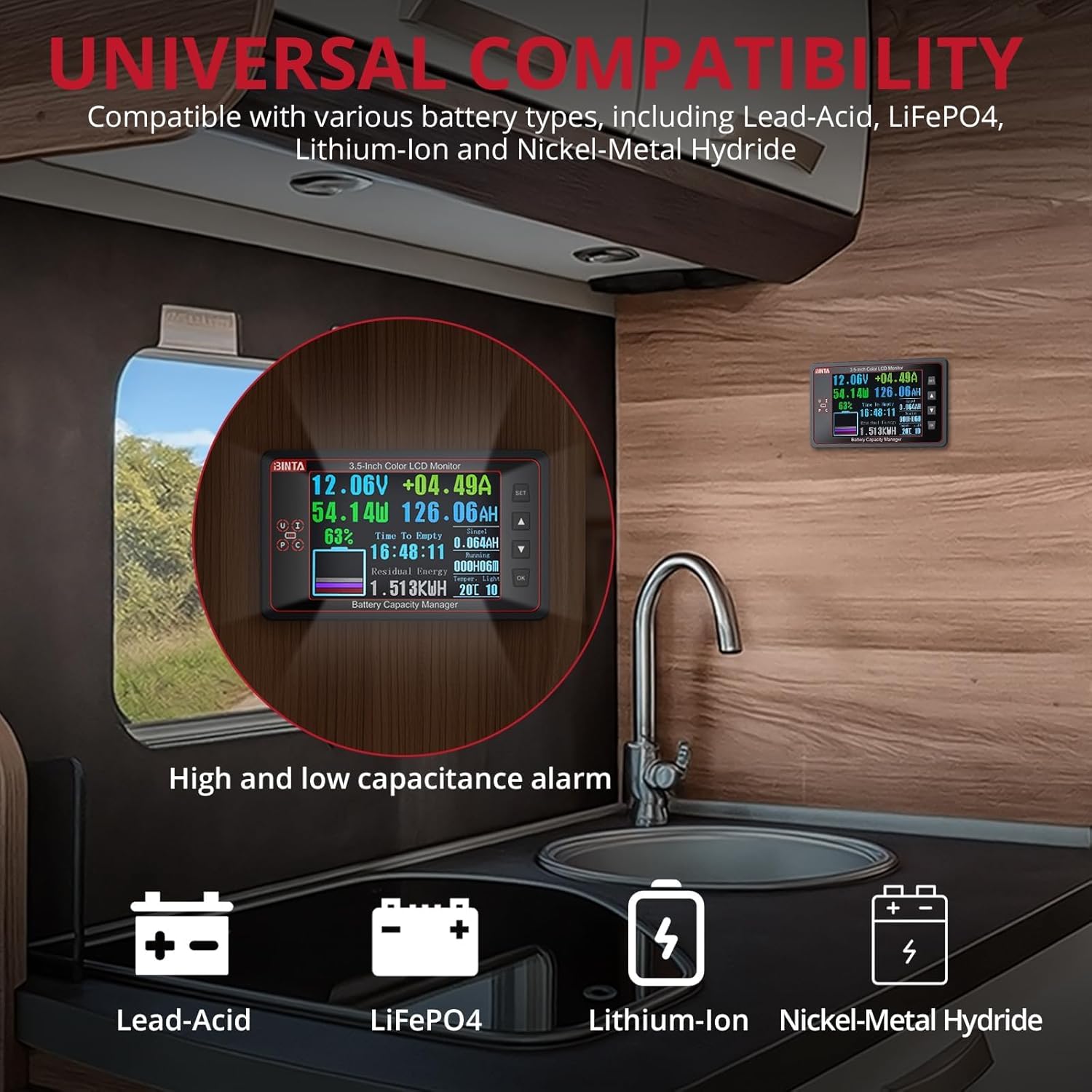 BINTA 500A Battery Monitor with Shunt, 8-100V 3.5 Inch Color Screen for LiFePO4 Lithium Gel Flooded Batteries, High Low Voltage Alarm Backlight with Sliding Cover for Car RV Golf Cart Solar Panel Boat