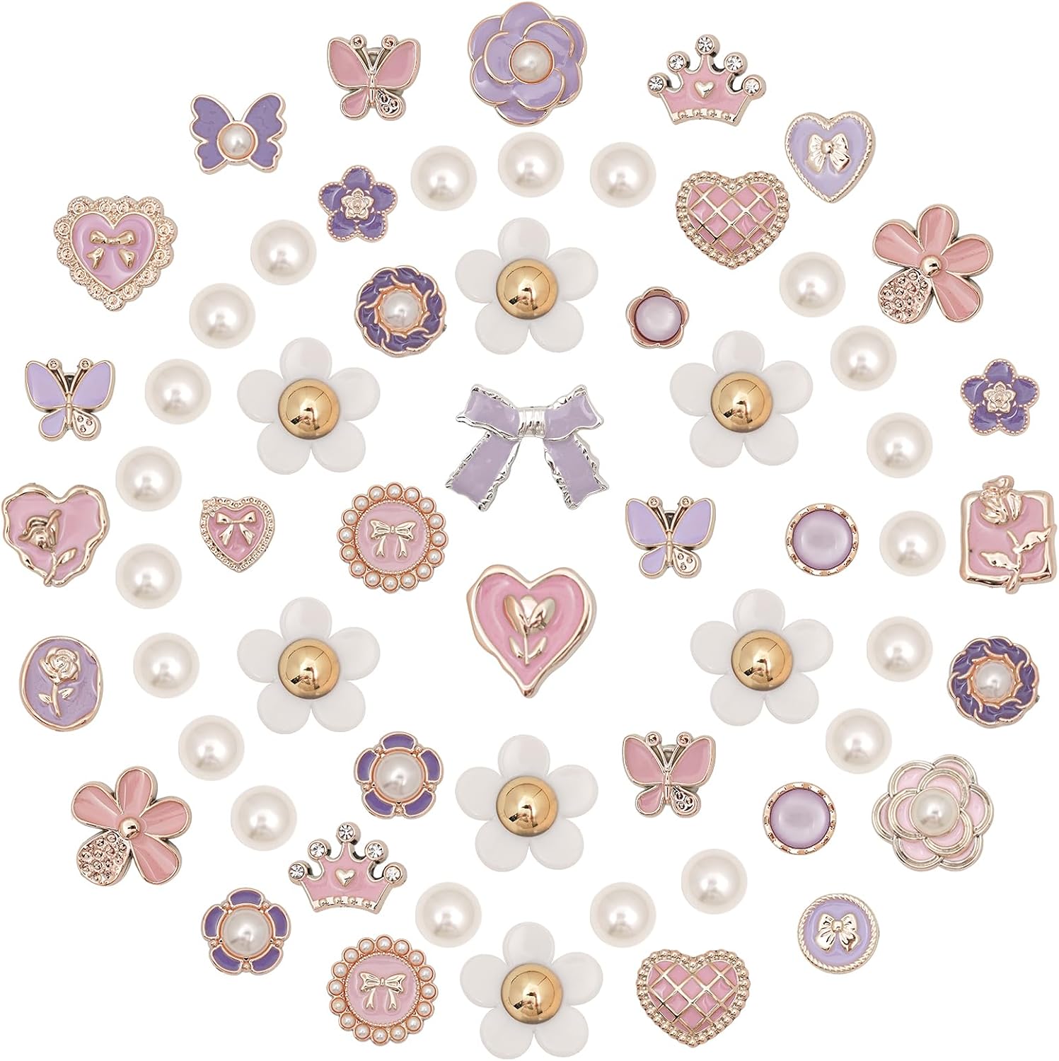 60 Pcs Bling Shoe Charms, Flower Pearl Shoe Decor Pink Purple DIY Shoes Accessories Charms for Women Teens Luxury Clog Sandals Charm for Birthday Party Favor