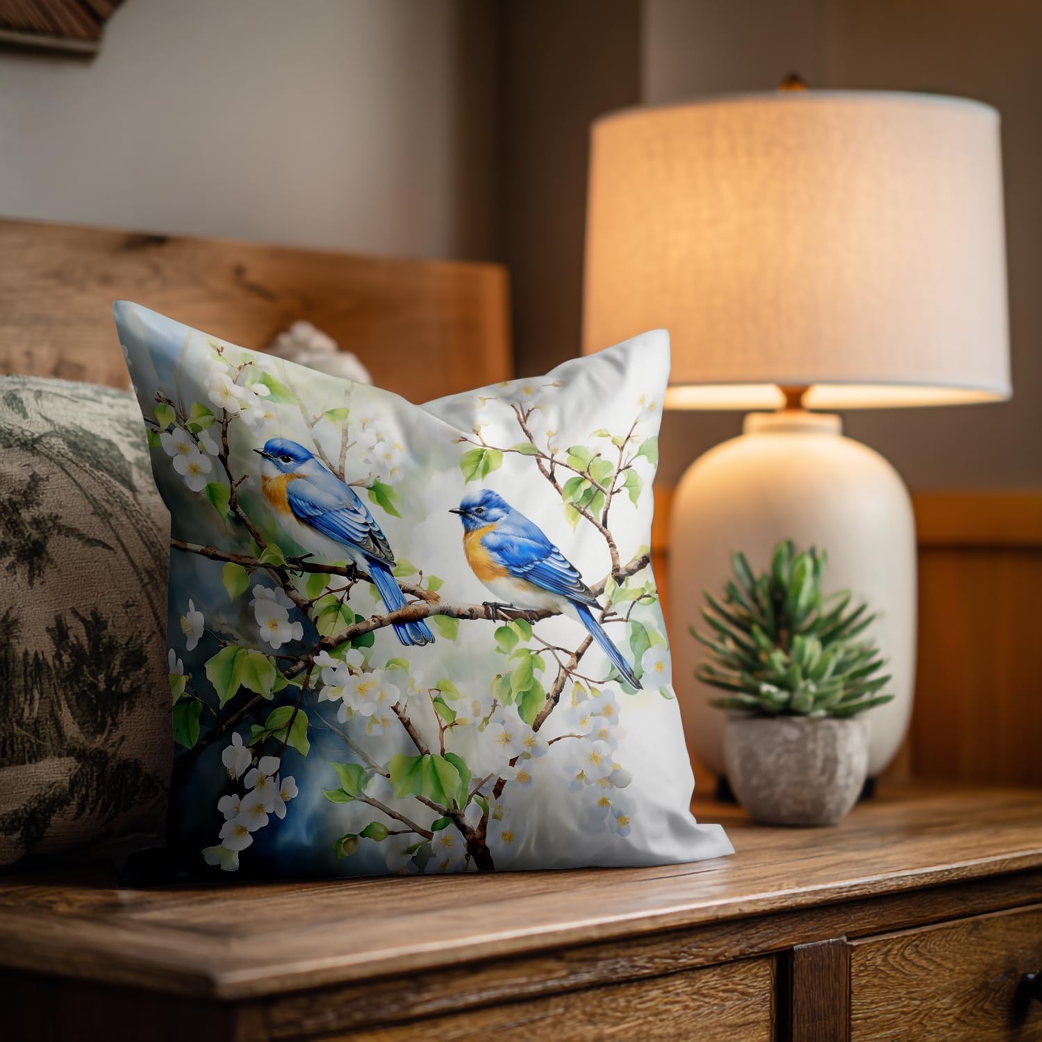 Shrahala Two Blue Birds On Branches Pillowcases, Watercolor Painting Lumbar Pillow Cover Decorative Blended Double-Sided No Inserts for Bedroom Sofa Living Room Set of 2 (26 x 20 in)