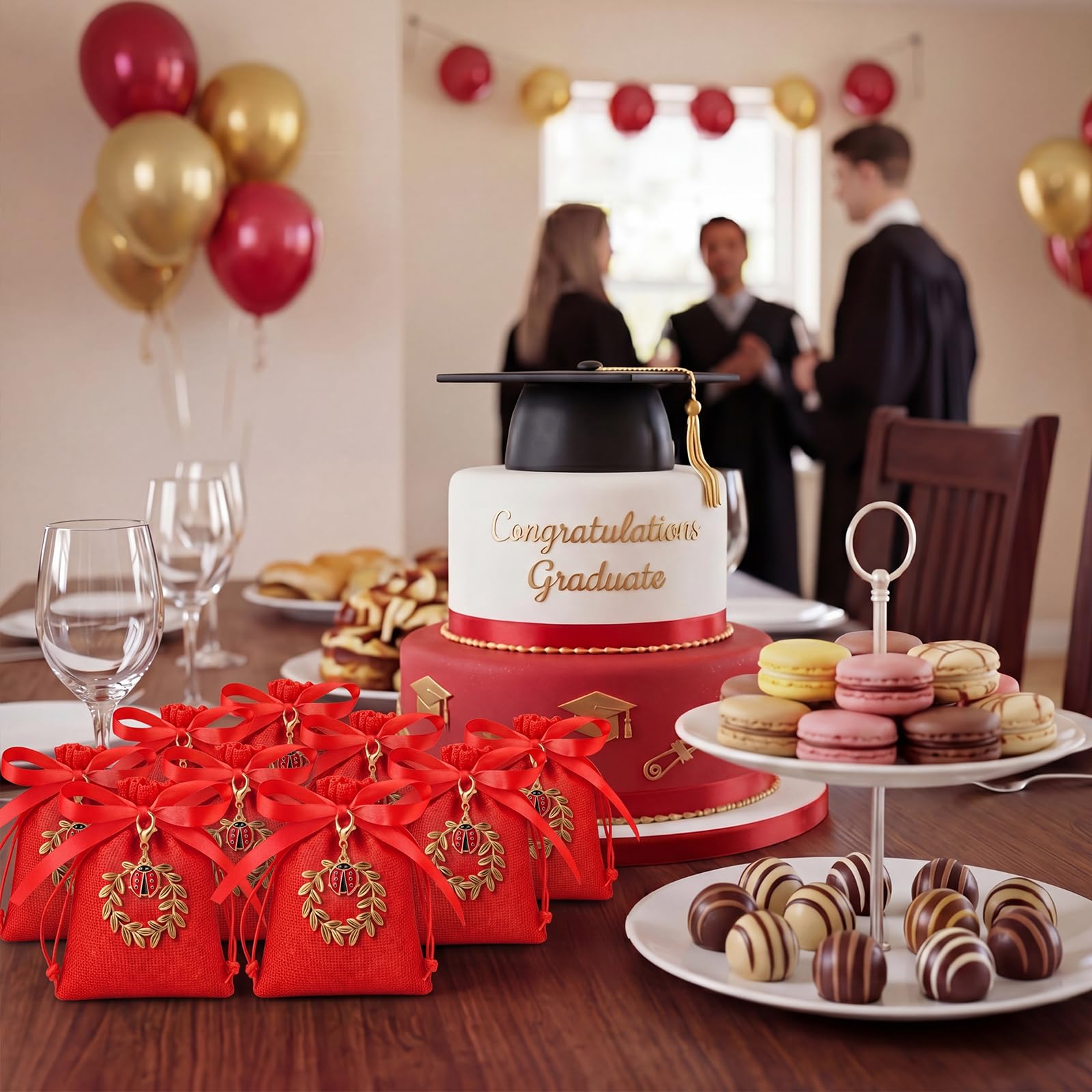 BBTO 36 Sets Bomboniere Laurea Sacchetti Portaconfetti Ciondolo di Corona d'Alloro Coccinella Biglietti e Nastro Rosso Sacchetti Confetti Regalo di Laurea Festa Cerimonia Fai da te(Coccinella)