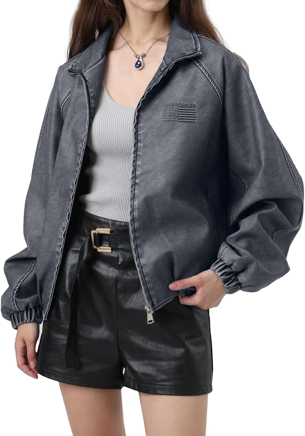 Bakyarder Women’s Bomber Faux Leather Jacket Vintage Distressed Zip Up Streetwear Coat, Outerwear for Fall Outfit - Image 2