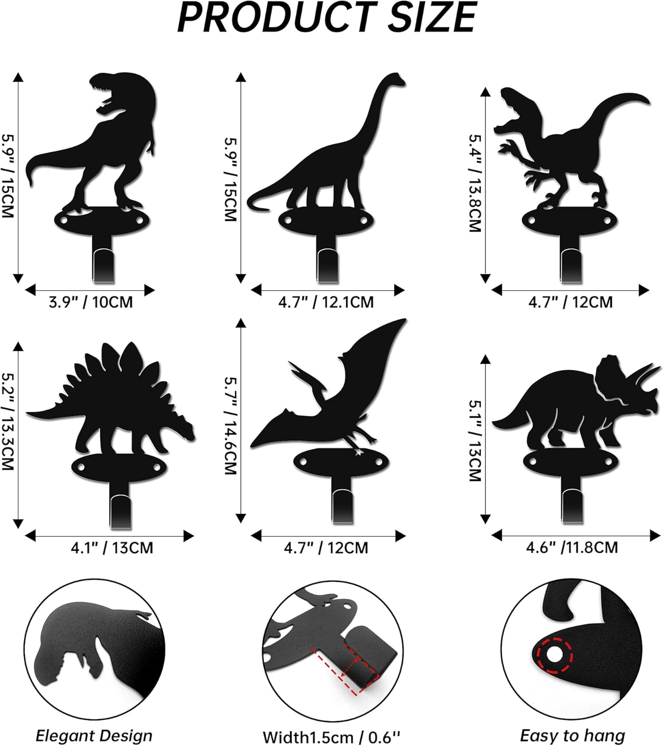 Dinosaur Silhouette Shape Coat Hooks - Set of 6 Black Metal Dinosaur Wall Hooks for Bedroom, Entryway, Playroom Kids Room Decor & Organizer