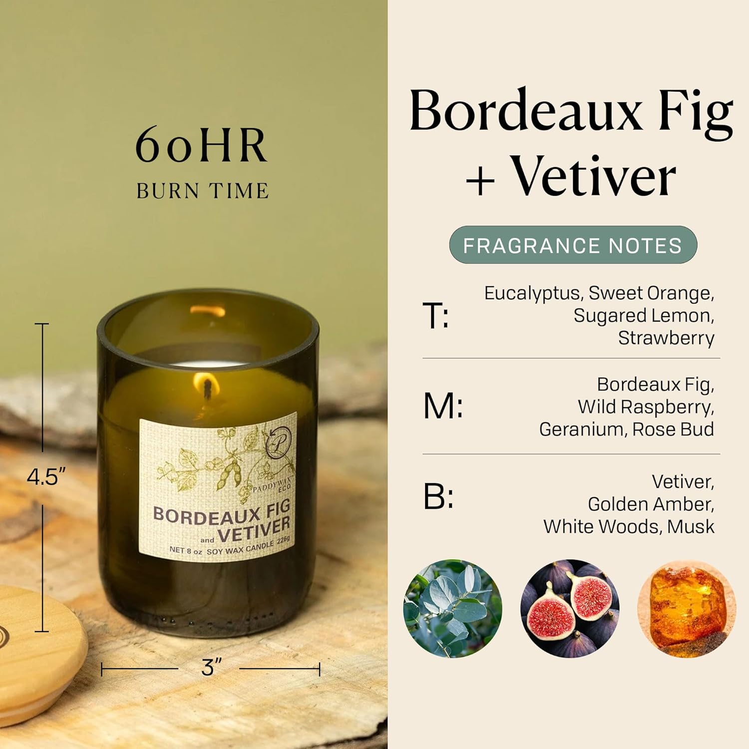 Paddywax Eco Collection Scented Soy Wax Candle in Glass Jar, Bordeaux Fig & Vetiver Fragrance, Green Vessel with Wood Lid, 8 oz - Image 3