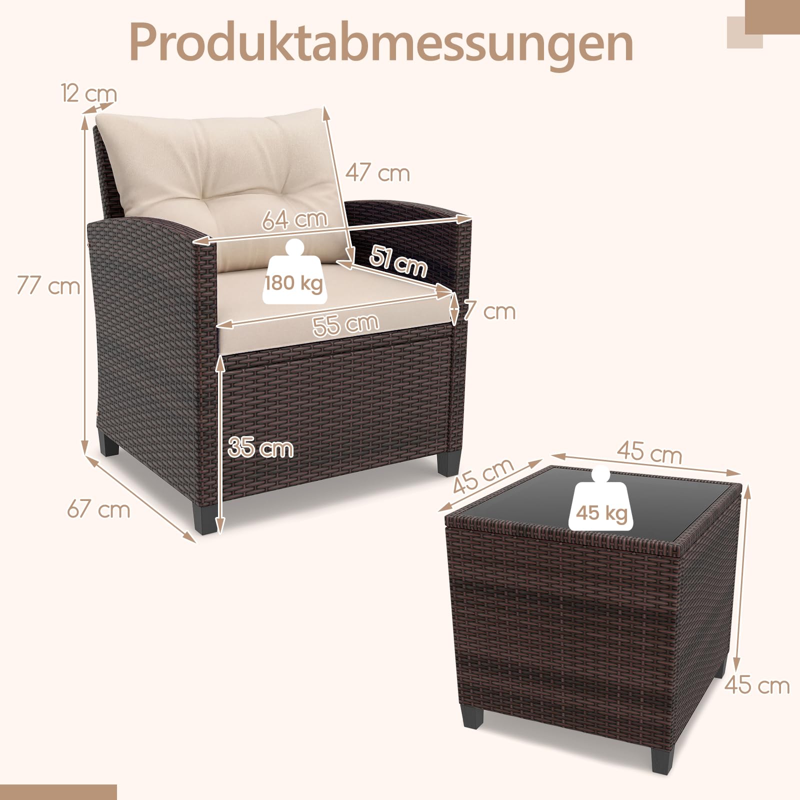 GIANTEX Rattan Gartenmöbel Set, Balkonmöbel Kleiner Balkon, Lounge Gartenmöbel Set, Balkon Möbel für 2 Personen, Gartenlounge Set 2 Sessel & Tisch, 3 tlg. Gartensitzgruppe inkl. Sitz- und Rückenkissen