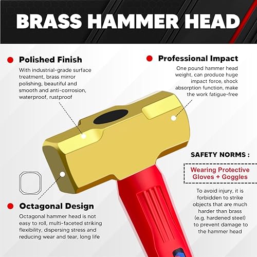 Vista 4 de C&T Martillo de bronce de 2 libras, anti-chispas, cómodo mango de fibra de vidrio, 2 libras, no magnético, resistente a la corrosión