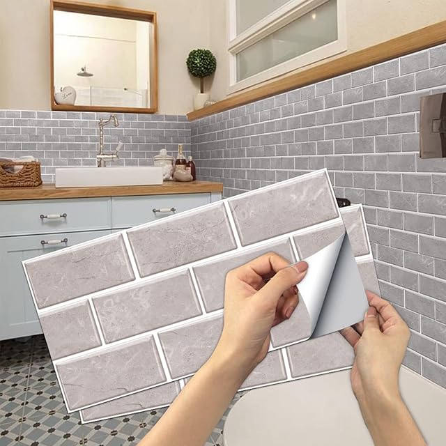 12 Sheets Grey Tile Stickers, Peel and Stick Vinyl Backsplash Tiles Self Adhesive Waterproof Oilproof Tiles Retro Style DIY Home Decor for Kitchen Bathroom