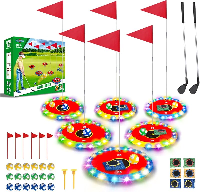 Glow in the Dark Golf & Toss Game, 2 in 1 LED Target Set with 2 Clubs, 18 Balls, 6 Bean Bags, Outdoor Indoor Backyard Toy for Kids Ages 4 5 6 7 8, Birthday Gifts for Boys Girls