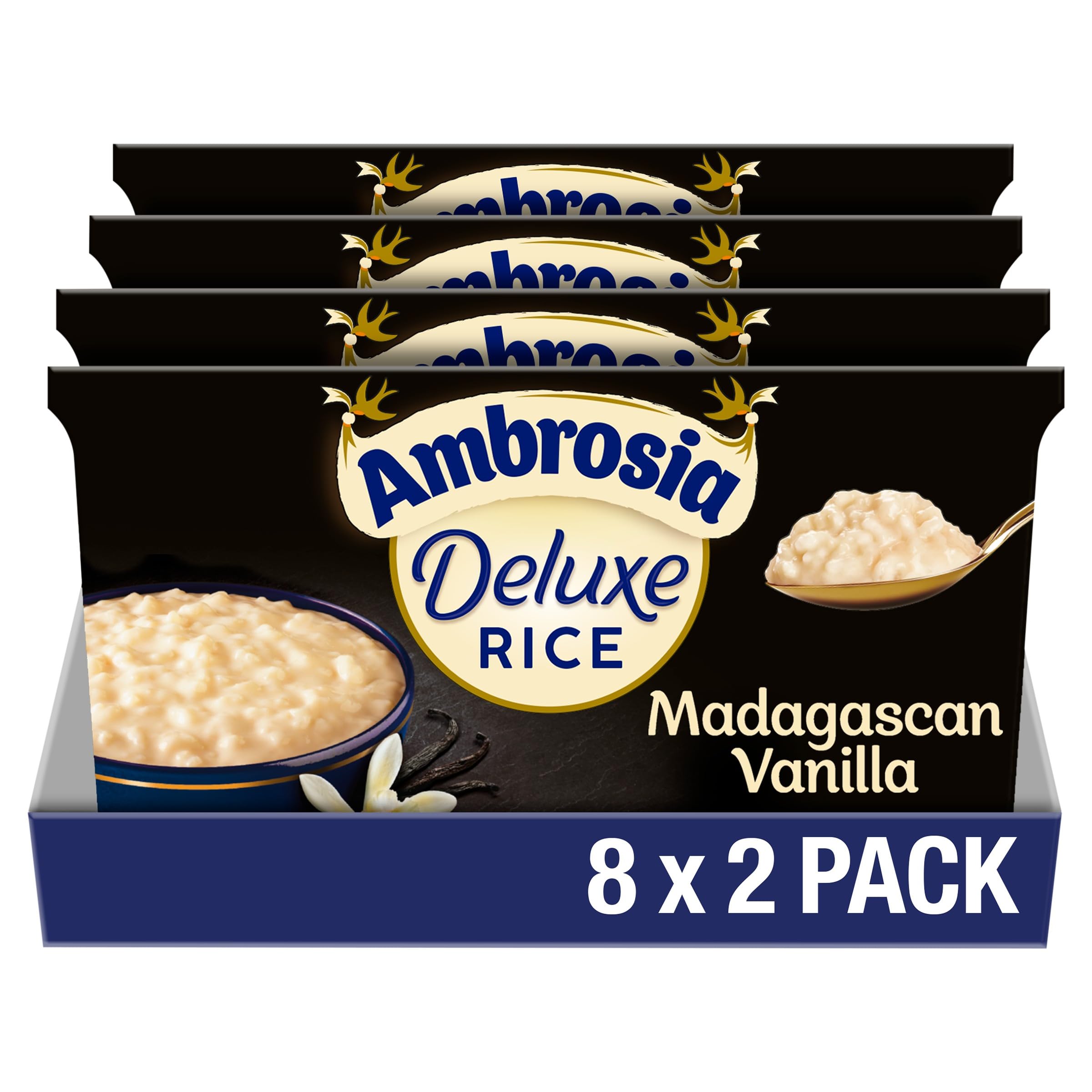 Ambrosia Deluxe Rice Pudding Pots, Madagascan Vanilla Flavour, Creamy & Ready to Eat Dessert, 2 x 110 g (Pack of 8 - Total 16 Pots)