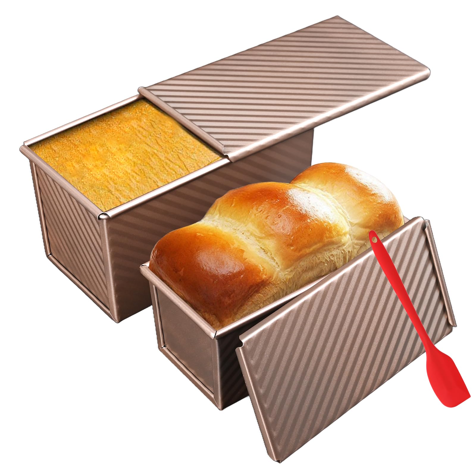 2 Pack Pullman Loaf Pan with Lid, 1 lb/0.5 lb Dough Capacity for Homemade Bread, Non-stick Corrugated Carbon Steel Bread Toast Box with Cover for Bakeware, Sandwich & Toast Oven Baking, Gold