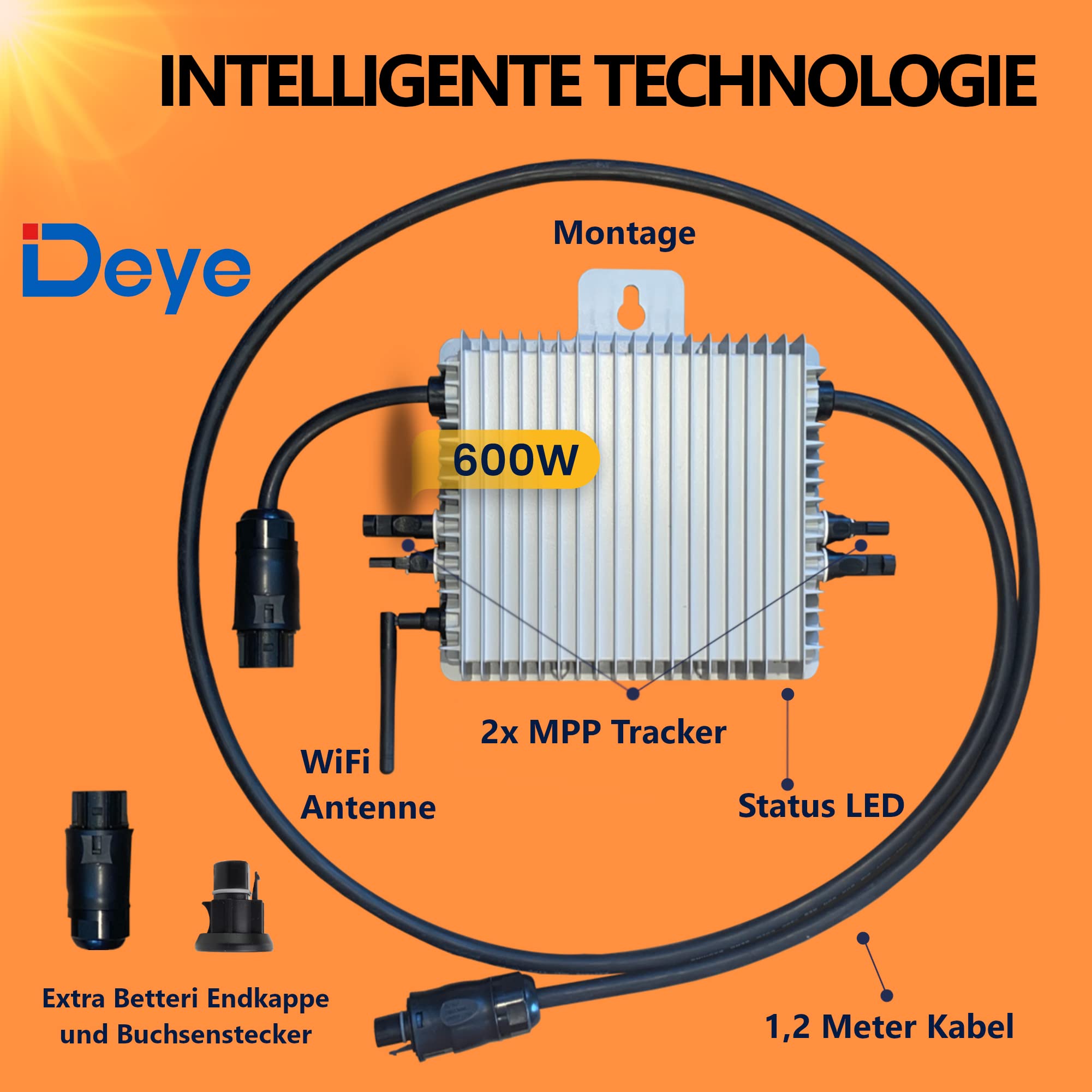 Deye Wechselrichter 600W für Photovoltaik, Mini Solaranlage, Balkonkraftwerk oder kleine EEG Solaranlagen auf dem Hausdach. Mikrowechselrichter für Steckdose inkl. WLAN und kostenlosem Smaprtphone App