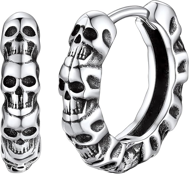 SILVERCUTE 925 Sterling Silver Stud/Hoop Earrings for Halloween, Cool Skull Earrings, Comfy Gothic Jewellery for Men Women