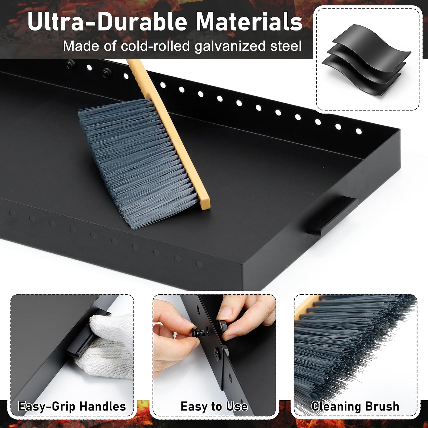 Flamorrow Fireplace Tray with Handles, Adjustable Up to 31.5" X 15" Galvanized Steel Fireplace Ash Pan with Cleaning Brush for Fireplace Grate Ash Collection, Black