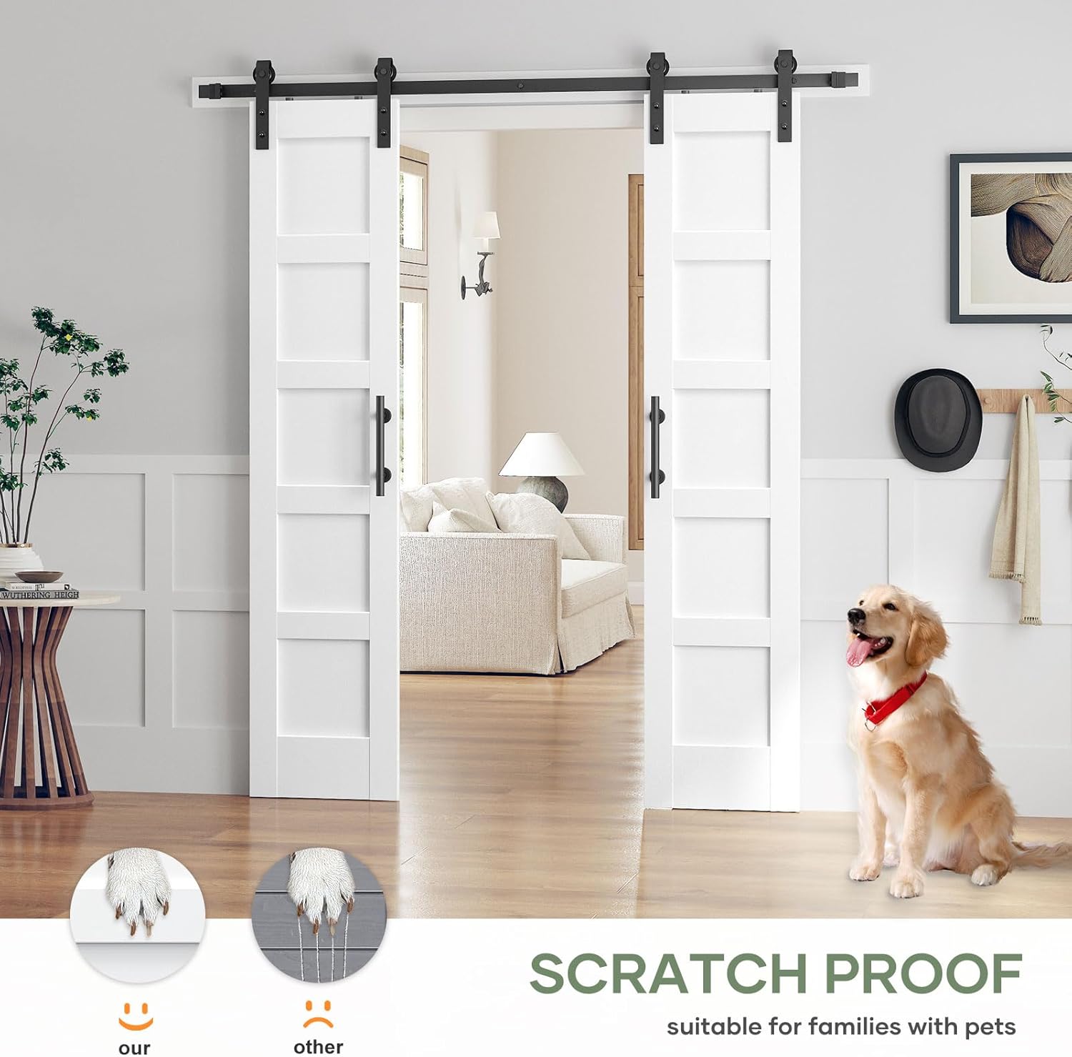 Double 18×84 Inch White Sliding Barn Door Slab with 6.6ft Hardware Kit Included, 5-Panel, MDF Wood Panel Covered with Water-Proof Scratch-Proof PVC Surface, Simple DIY Assembly