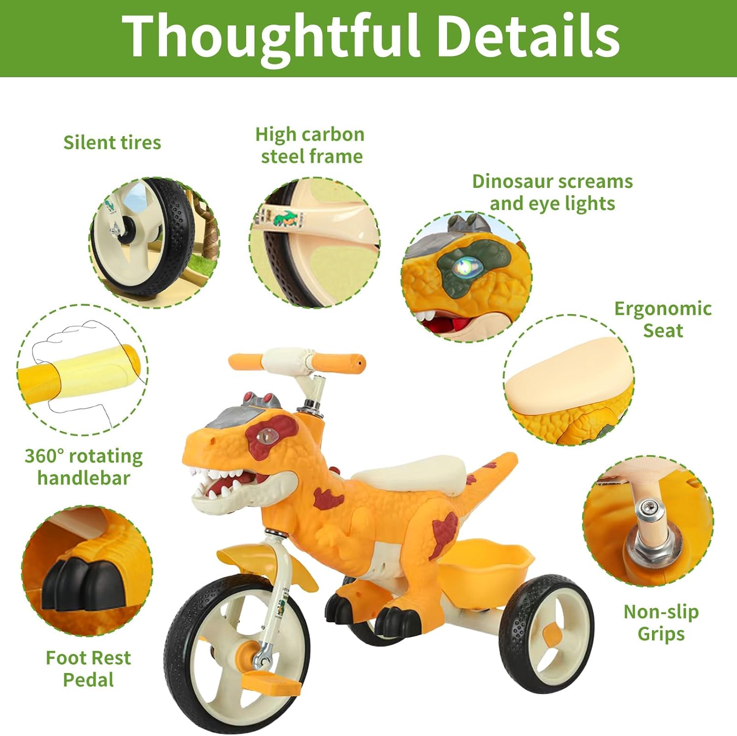Dinosaur Kids Tricycle for Rider- Toddlers Kid Trike Bike Big Wheel with Music, Storage Basket,Indoor/Outdoor Preschool Daycare Kids Bike,Best Gift for 3-7 Year Old Girls & Boys (Orange)