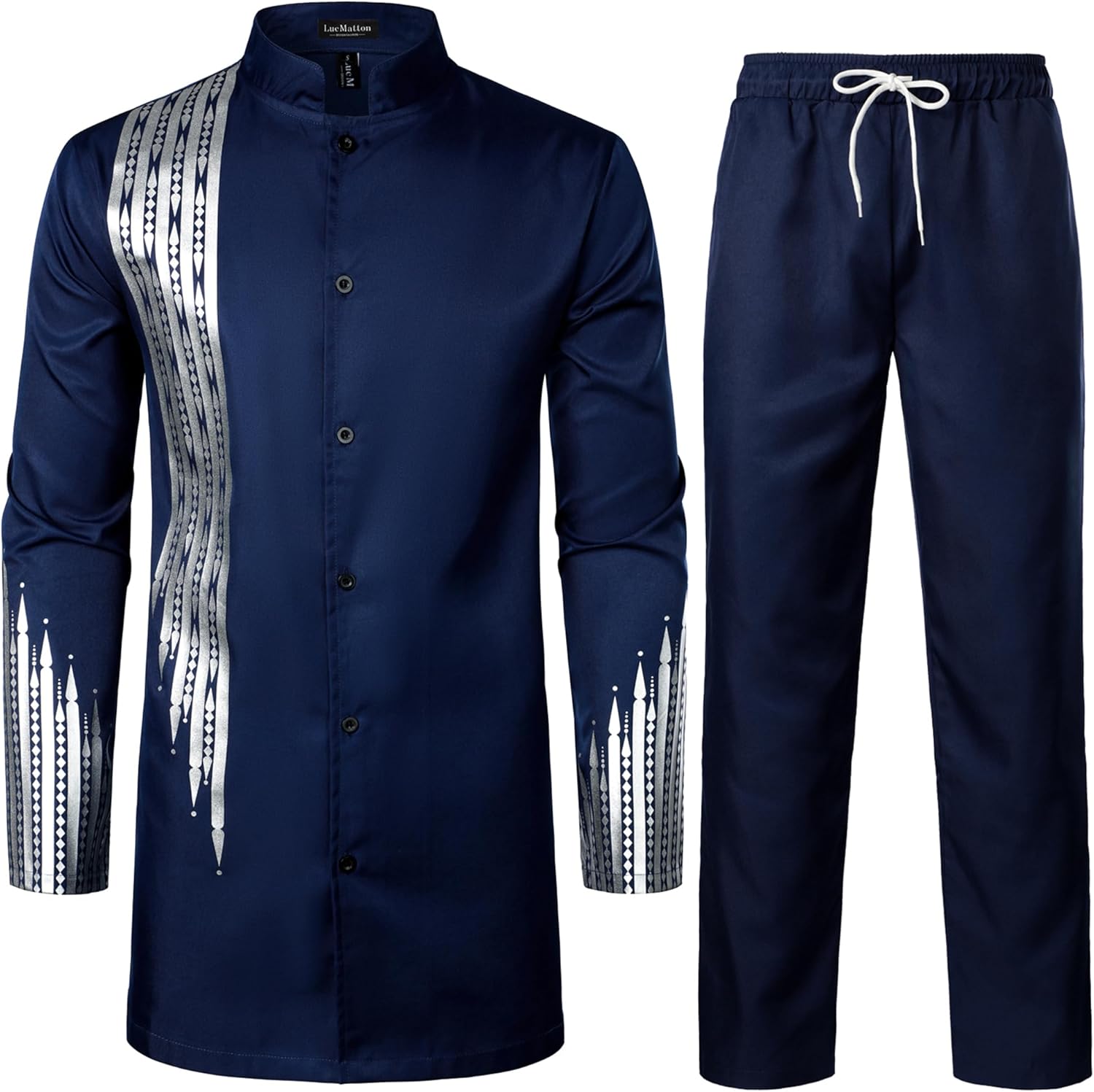 LucMatton Men's African Attire 2 Piece Set Gold Foil Print Button Up Long Sleeve Shirt and Pants Suit Dashiki Outfit