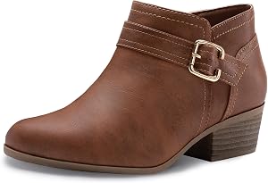Athlefit Women's Ankle Boots, Chunky Heel Short Boots for Women, Classic Pointed Toe Fall Shoes for Women with Classic Side Zip, Cover with Buckle Strap, Comfortable Platform Slip On Booties