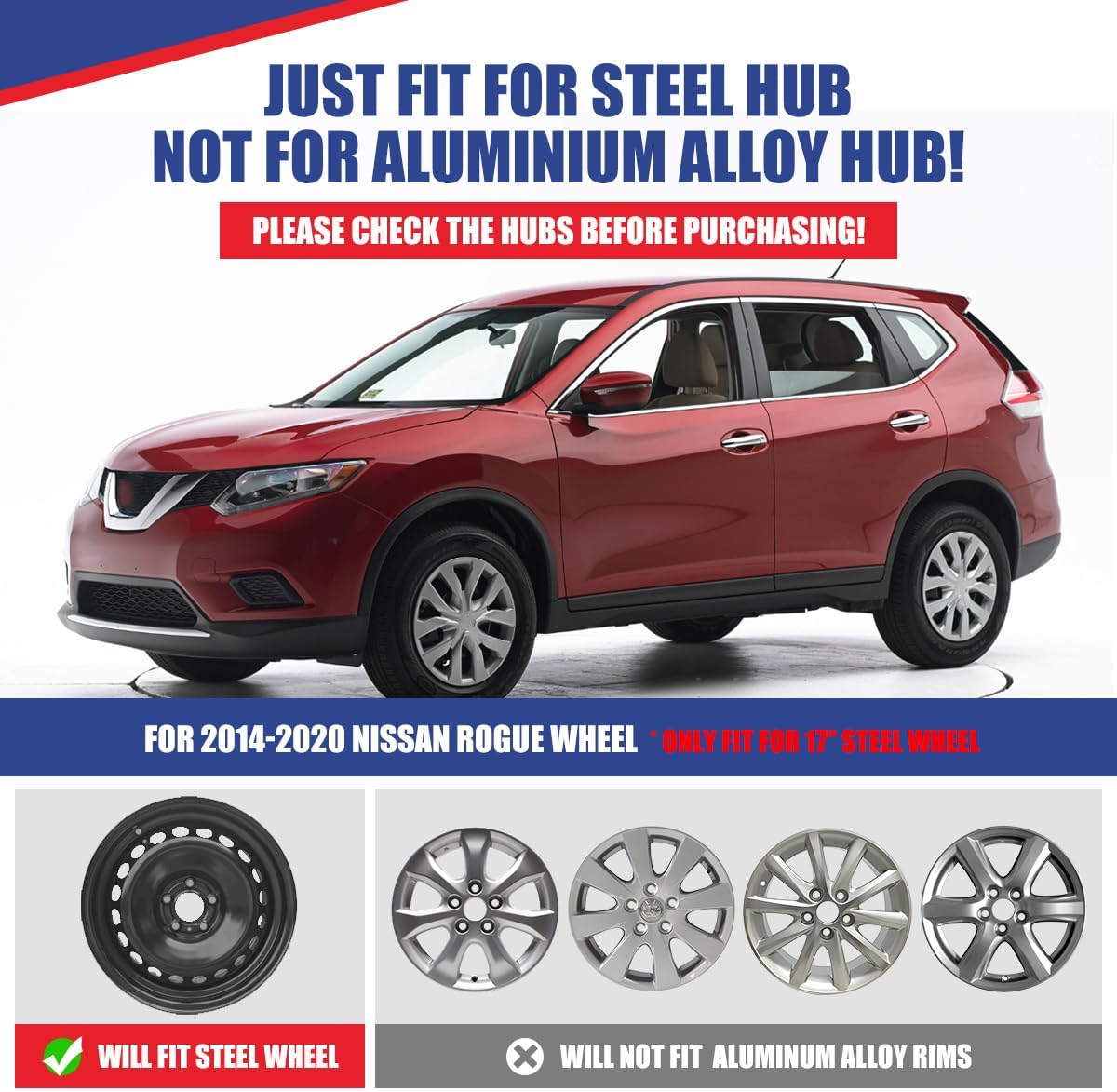 Hubcap 17 inch Wheel Rims Cover for Nissan Rogue 2014-2020 Compatible with Steel Wheels, R17 Hub Caps Snap On Installation, 17“ Wheel Cover Set of 4, Black Matte
