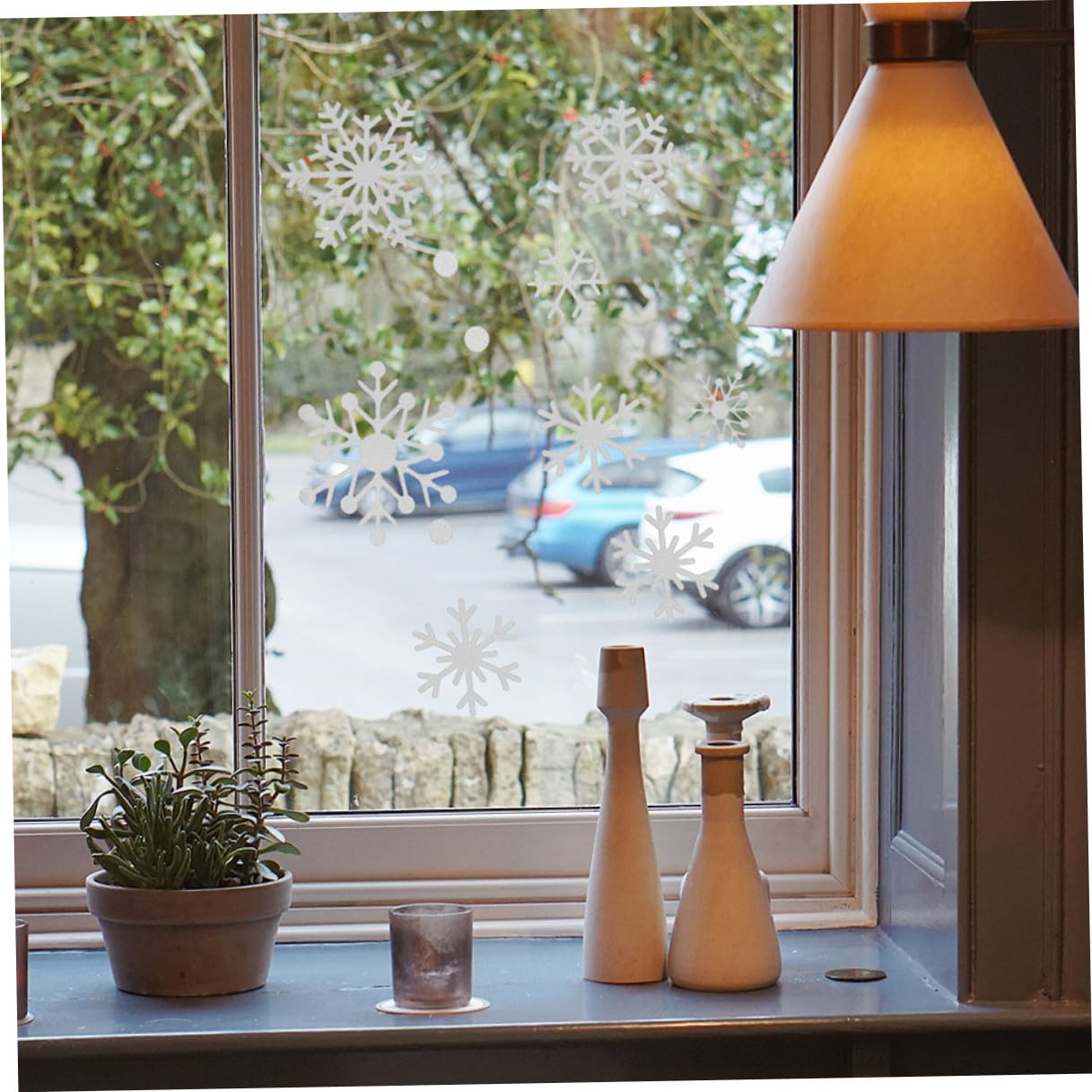 Pegatinas Navideñas para Ventanas de Copos de Nieve Purpurina Plateada 5 Láminas Adhesivas Decorativas para Puertas y Cristales Decoración Festiva para Navidad