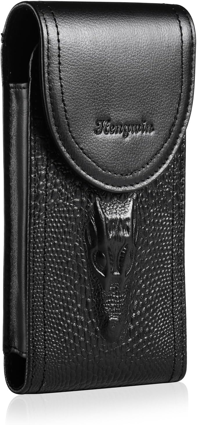 Hengwin Genuine Leather Phone Holster Fit for iPhone 17 Pro Max 16 Pro Max 15 Pro Max 14 Pro Max 13 Pro Max Samsung Galaxy A15 S25 Ultra Note9 Holster Belt Clip Pouch Case Cell Phone Holder (Black)