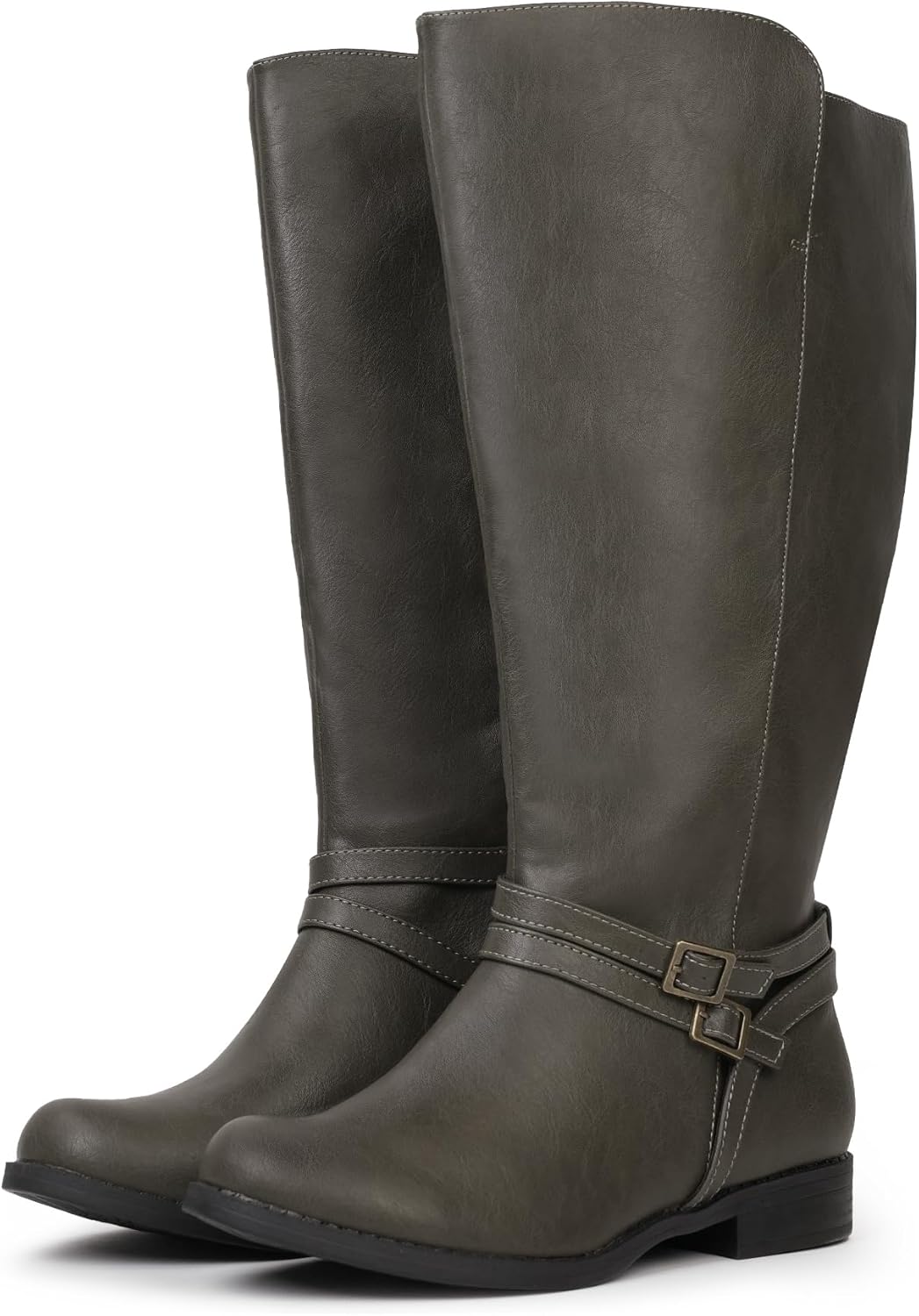 Women's Super Extra Wide Calf Side Zipper Double Buckle Knee High Riding Boots - Image 5