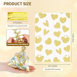 COQOFA 100 Pcs 5x7 IN Gold Heart Cello Cellophane Gift Bags for Baby Shower, Valentine, Wedding, Birthday with Twist Ties