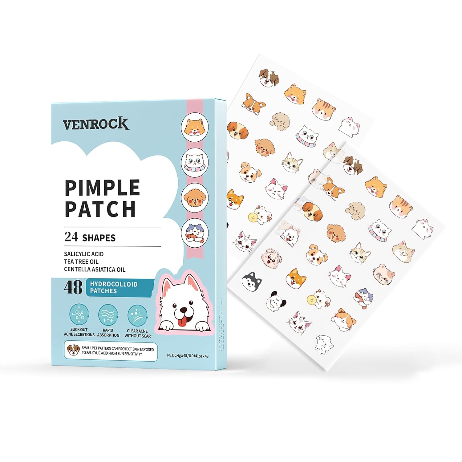 VENROCK Pimple Patches for face 24 Cute Pet Shapes 48 Count Hydrocolloid Acne Treatment for Covering Zits Blemishes