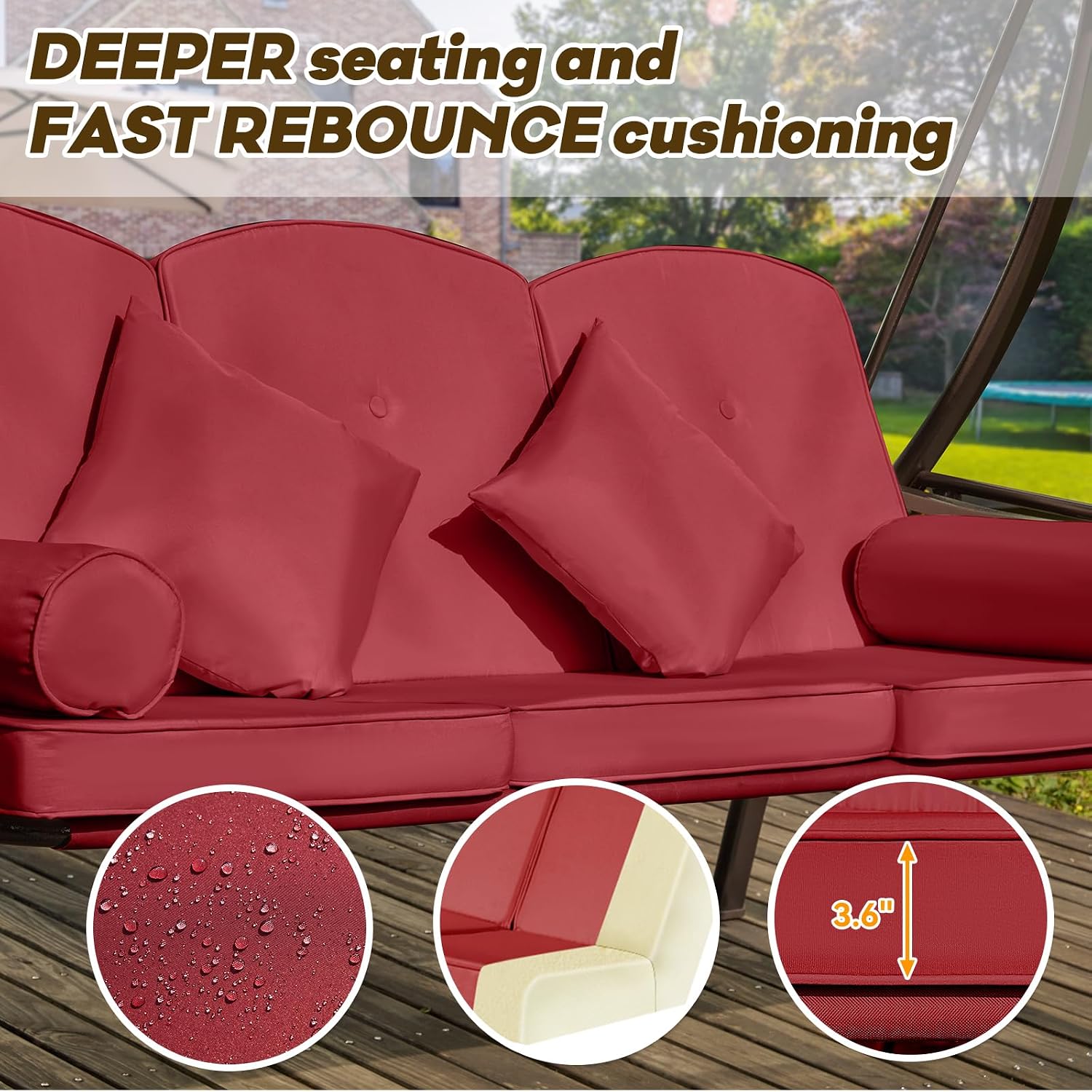 3 in 1 Outdoor Porch Swing with Adjustable Canopy, 3 Seat Outdoor Swing for Adults, Patio Swing Chair with Thickened Cushions,Pillows & Cup Holders for Backyard, Porch, Garden (Wine Red) image 6