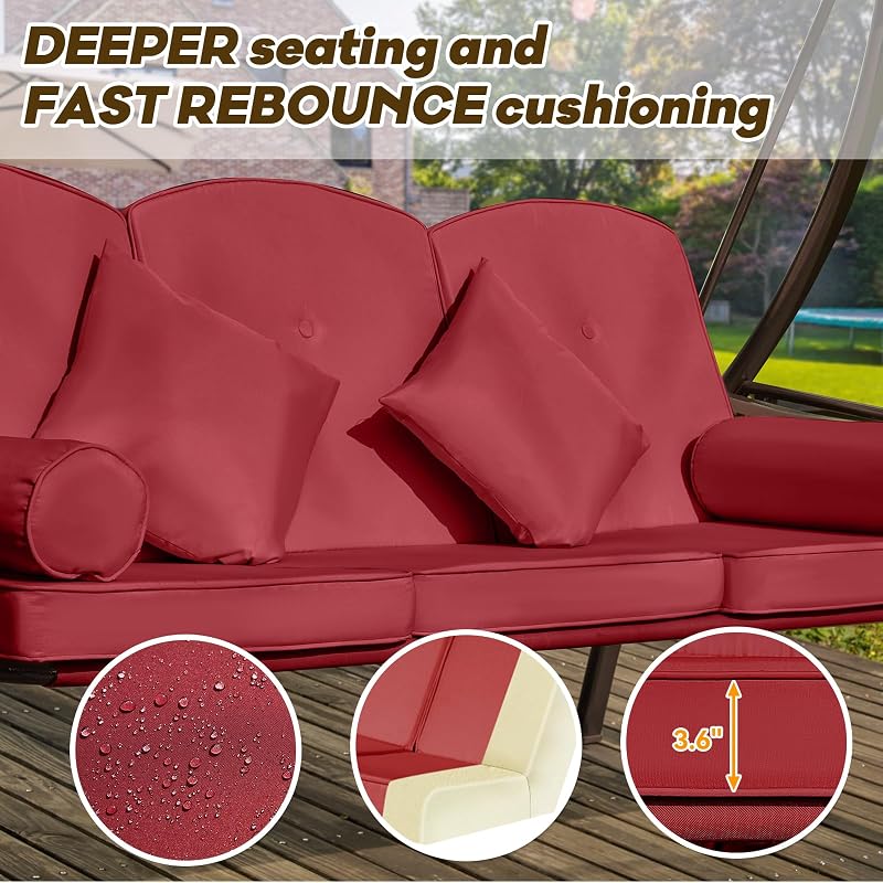 Yalissey 3 in 1 Outdoor Porch Swing with Adjustable Canopy, 3 Seat Outdoor Swing for Adults, Patio Swing Chair with Thickened Cushions,Pillows & Cup Holders for Backyard, Porch, Garden (Wine Red) image 6