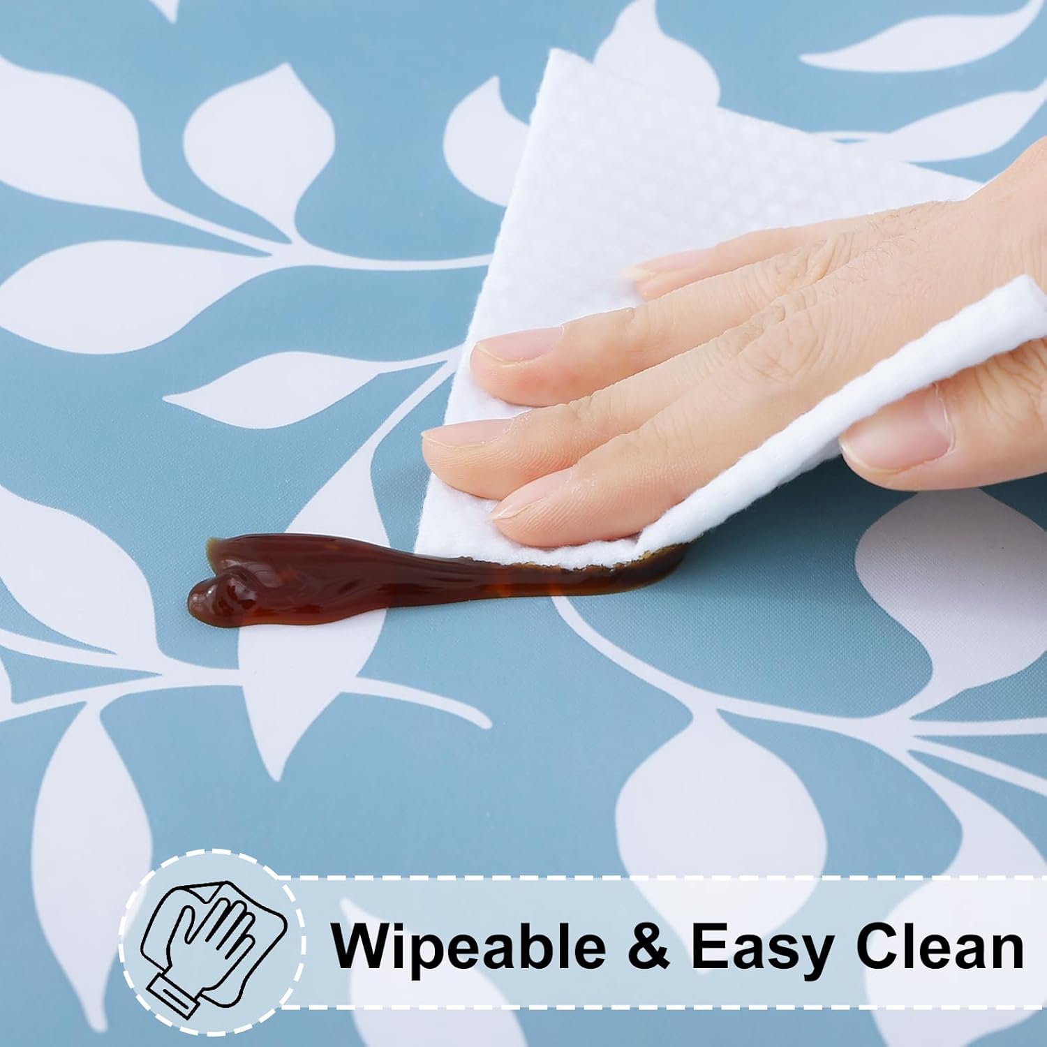 misaya Round Fitted Tablecloth with Elastic Edge, 100% Waterproof Oil Proof Plastic Table Cover, Vinyl Flannel Backed Tablecloth Fits 57"-66" Round Tables for Dinner, Outdoor, Picnic, Blue Leaves