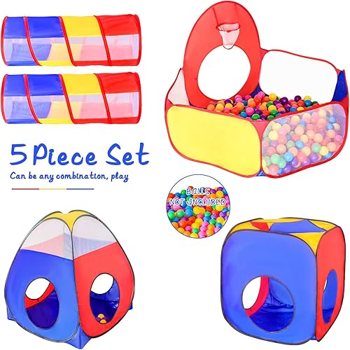 Miniatura 2 de wilwolfer Tienda de campaña de juego para niños pequeños de 5 piezas con 1 hoyo de pelotas de bebé, 2 túneles de gateo para bebés, 2 tiendas de