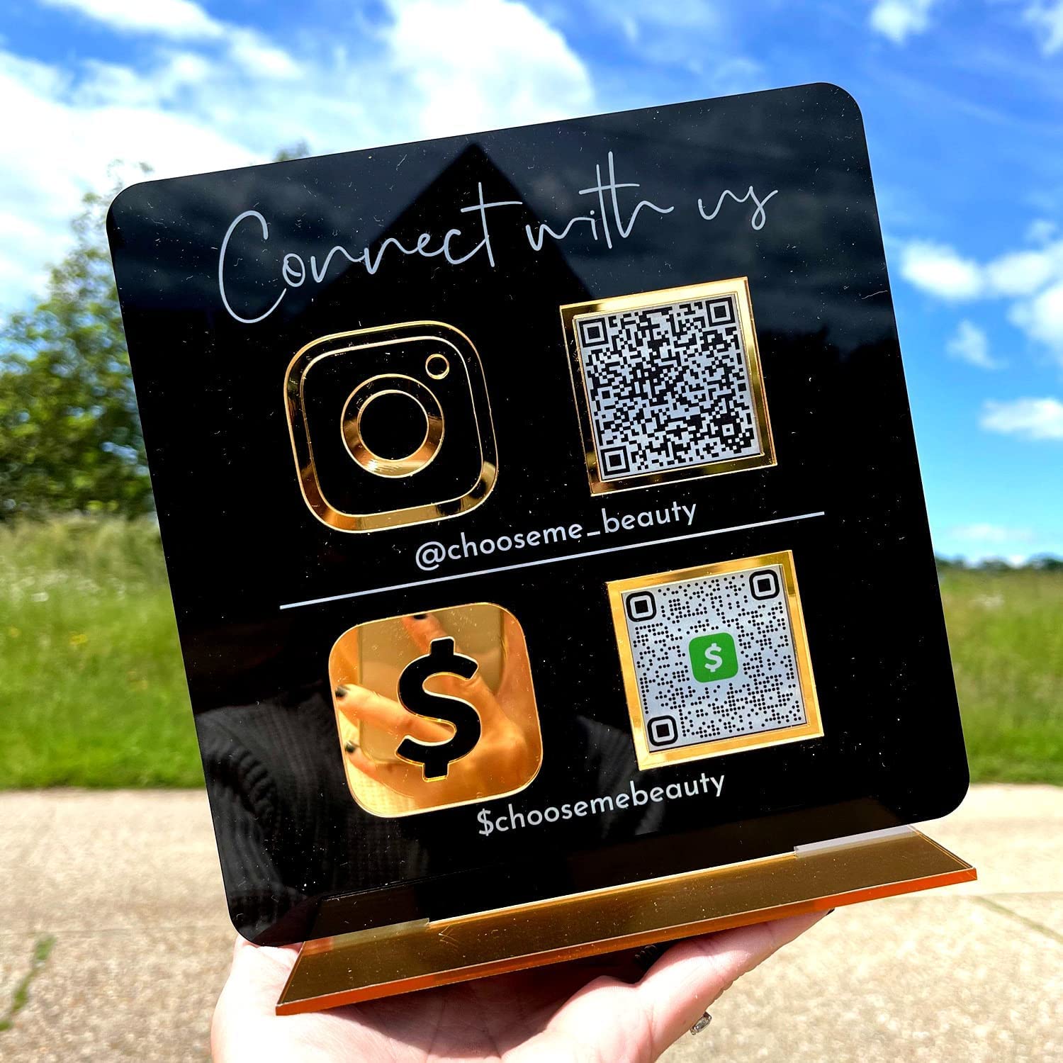 Panneau QR Personnalisable Acrylique - Base Hêtre/Noyer/Miroir - 10,2x15,2cm - Pour Réseaux Sociaux Et Paiements