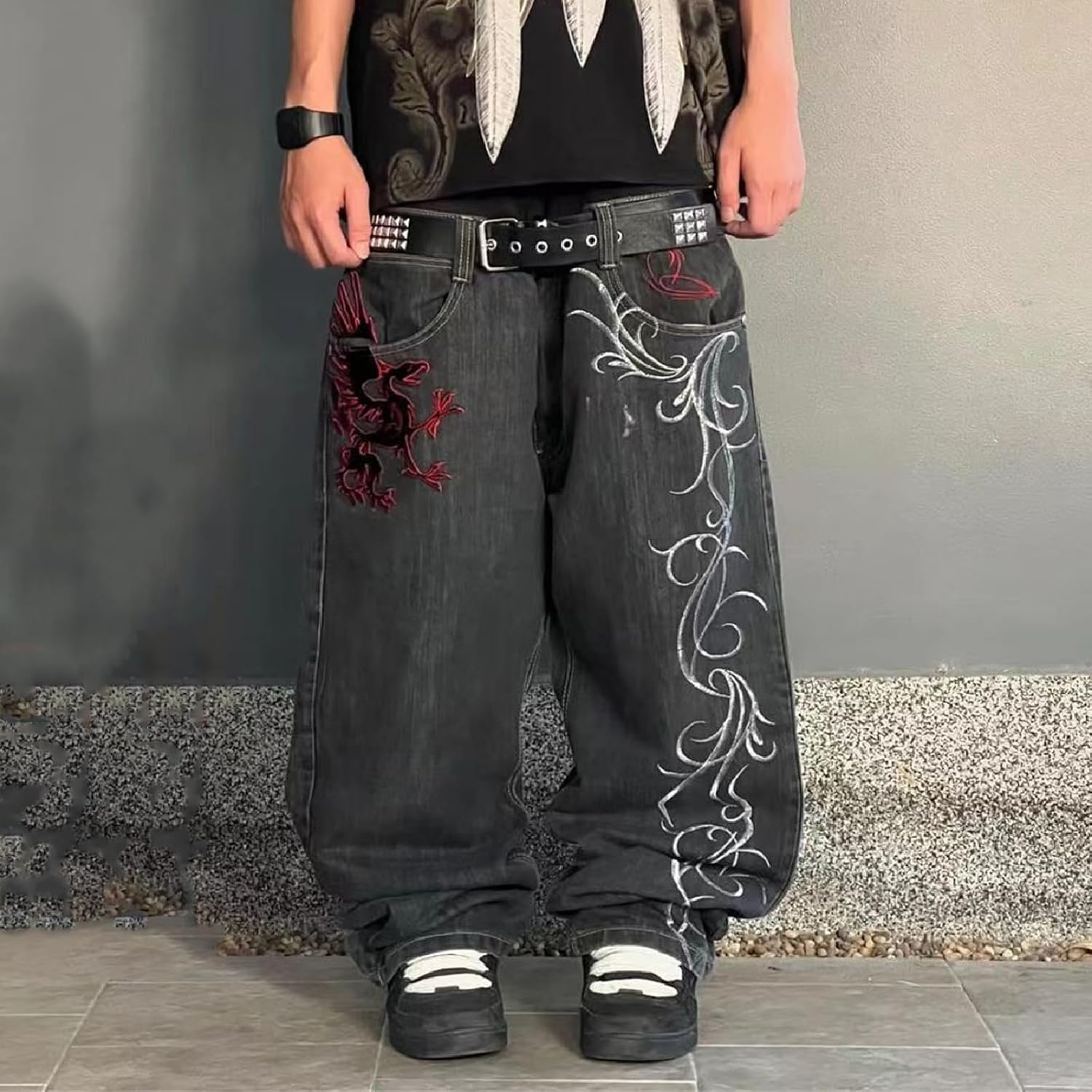 Jeans Hip Hop Y2K Unisex - Vita Alta Con Stampa Teschio E Tasche Grandi, Stile Gotico Vintage - Foto 6