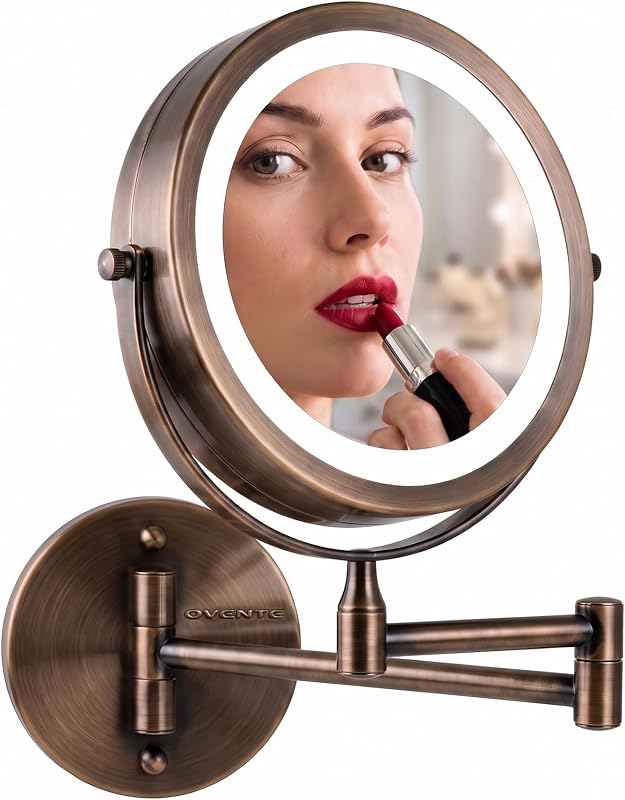 Espelho de maquiagem com iluminação OVENTE, montagem na parede, 7 polegadas, dupla face com ampliação 1X/7X, braço extensível de 13 polegadas, bronze antigo MFW70ABZ1X7X