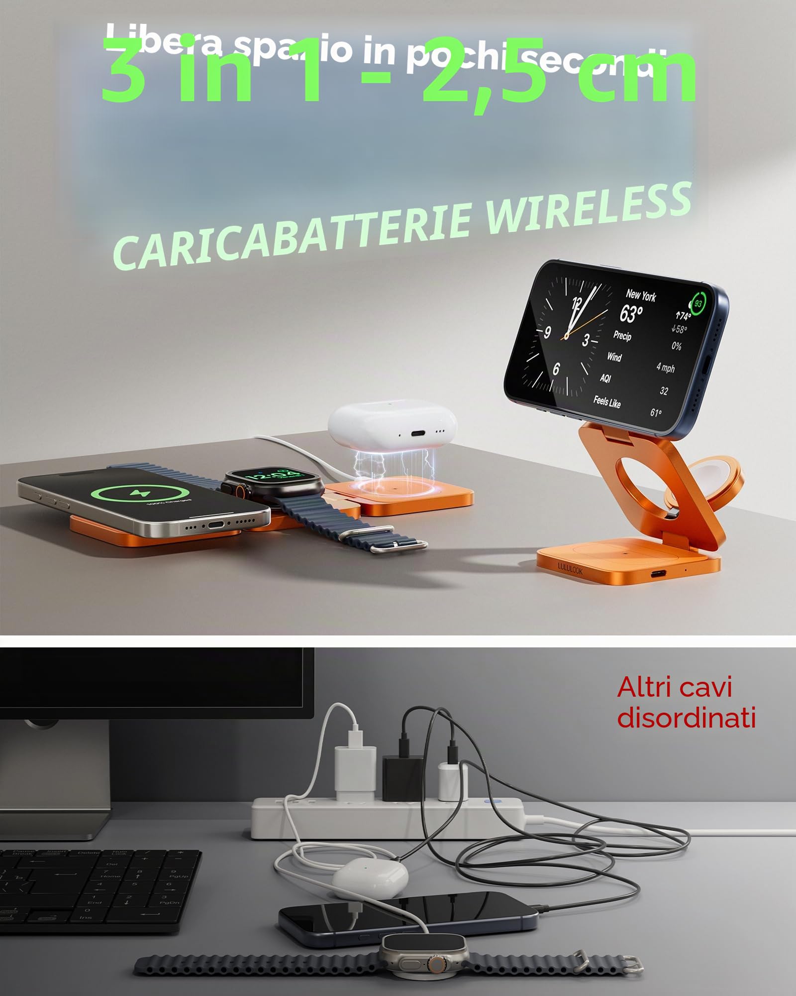 LULULOOK Caricatore wireless Qi2.2 di 25W Stazione di carica magnetica 3 in 1 per iPhone 17/16/15/14/13/12,Apple Watch,AirPods,supporto pieghevole di carica rapida in alluminio con adattatore GaN 45W