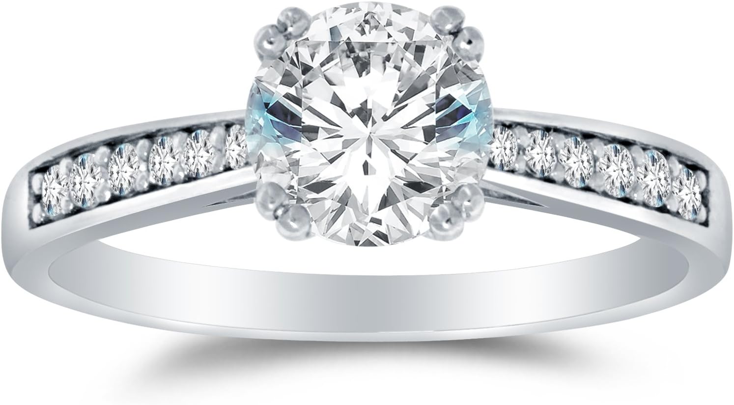 Solid 14k White Gold CZ Cubic Zirconia Engagement Ring - Round Brilliant Cut Solitaire with Round Side Stones (1.5cttw., 1.0ct. Center)